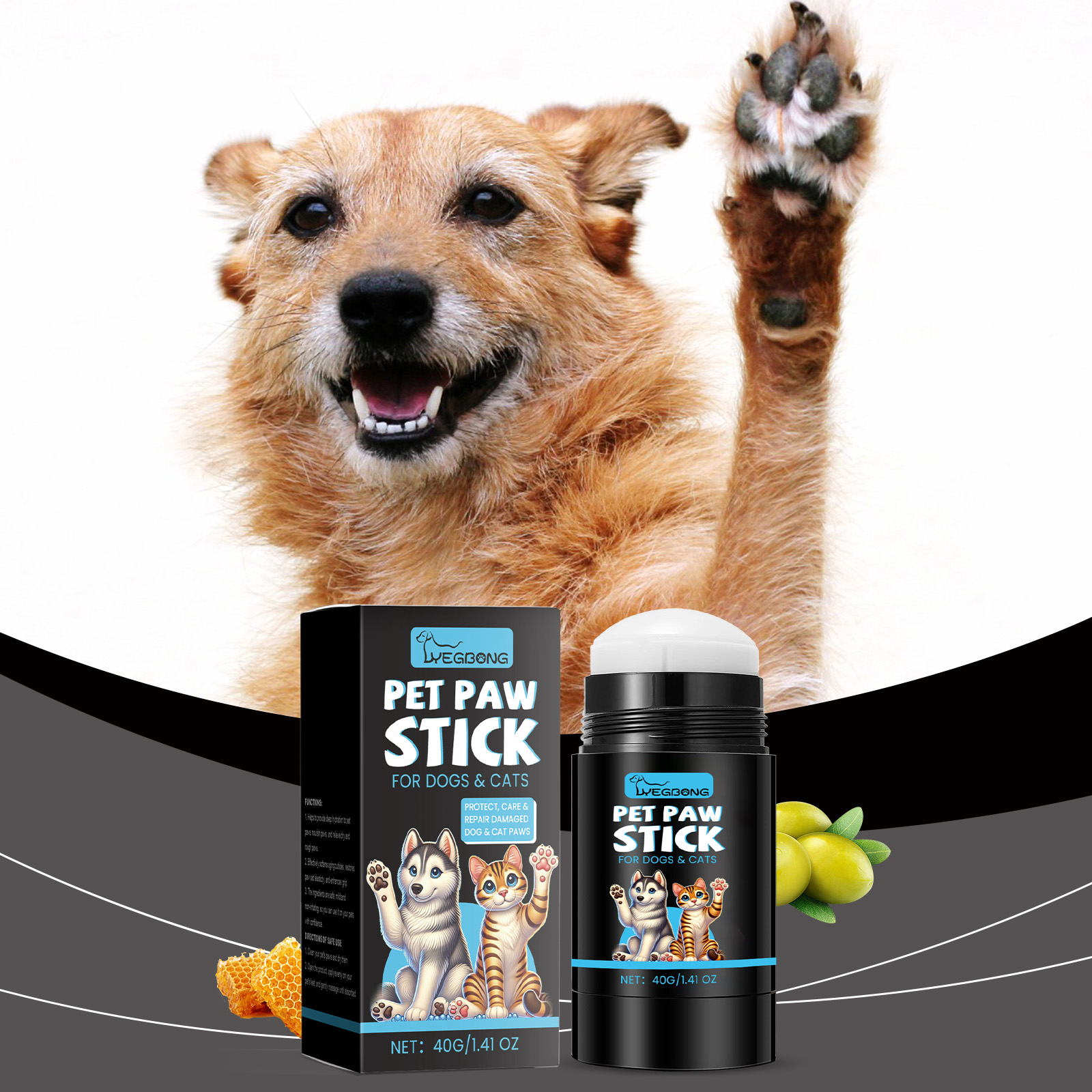 Happy dog beside pet paw balm after outdoor activity