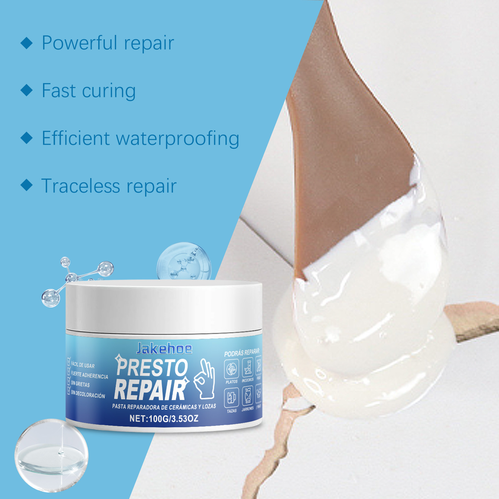 White paste applied into a ceramic crack