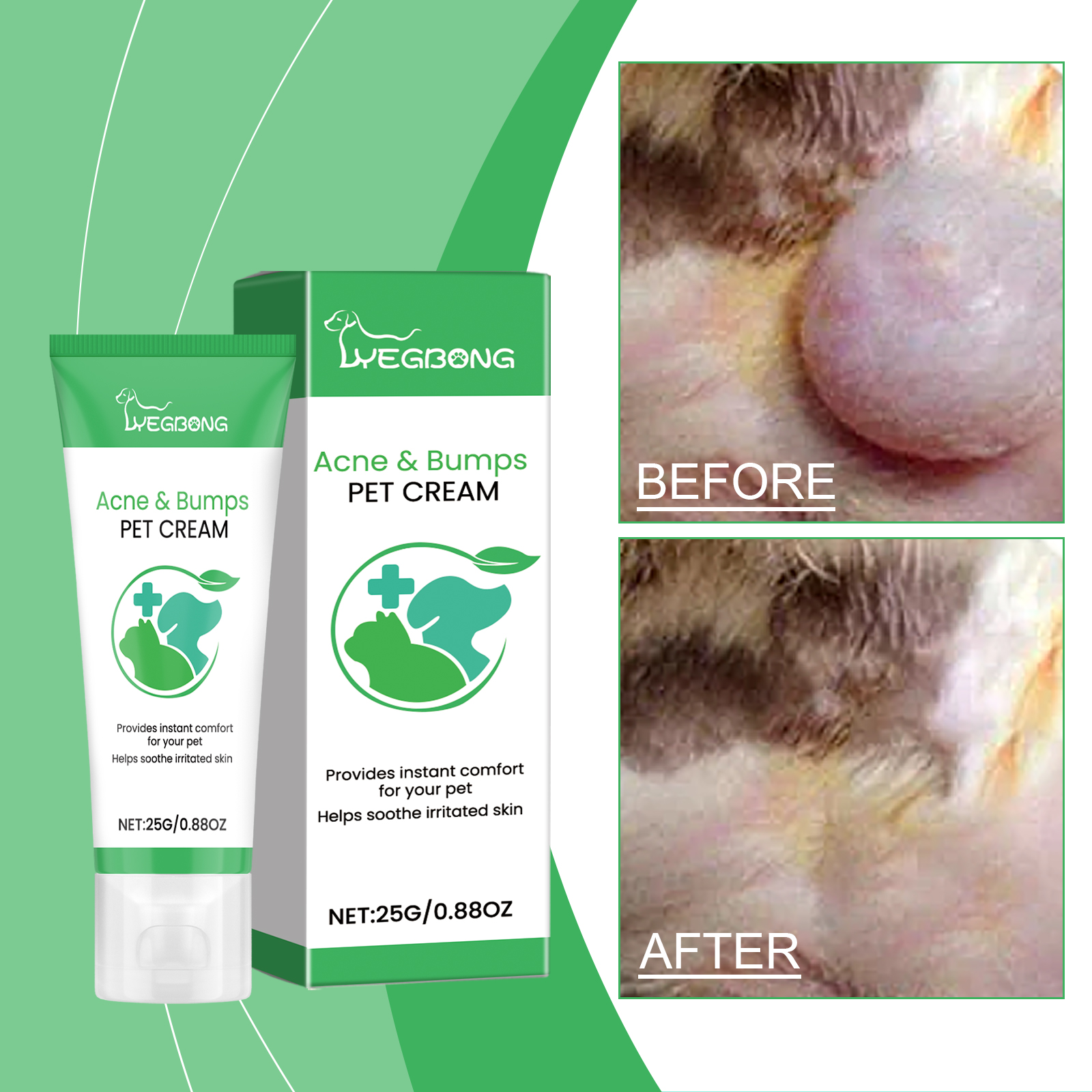 Pet skin before and after cream packaging
