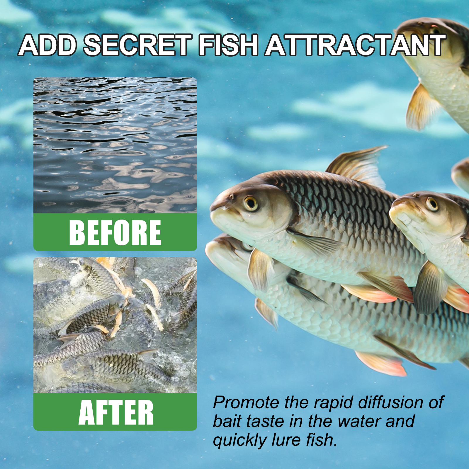Compact attractant bottle shown with fish imagery