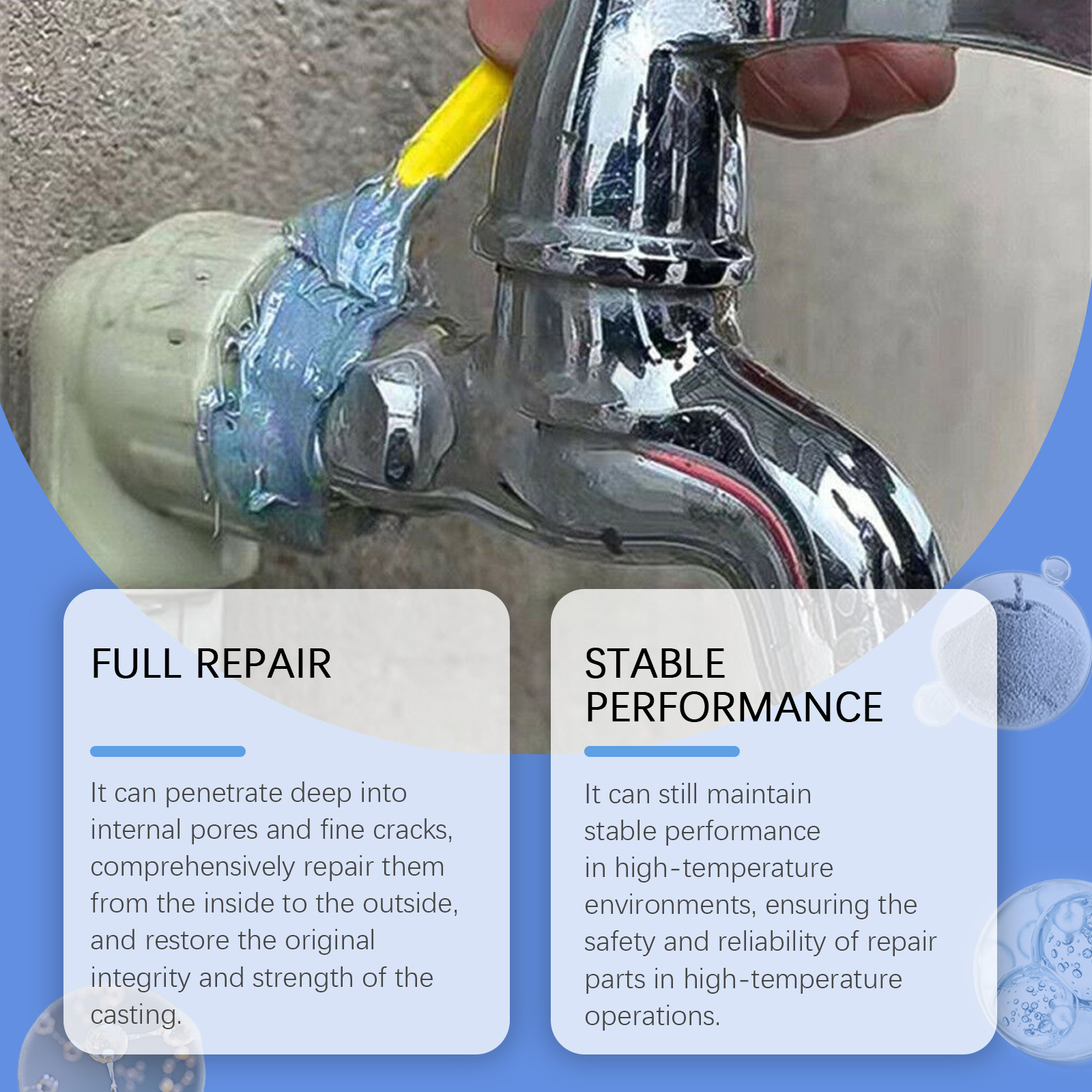Gray repair compound shaped around chrome faucet connection