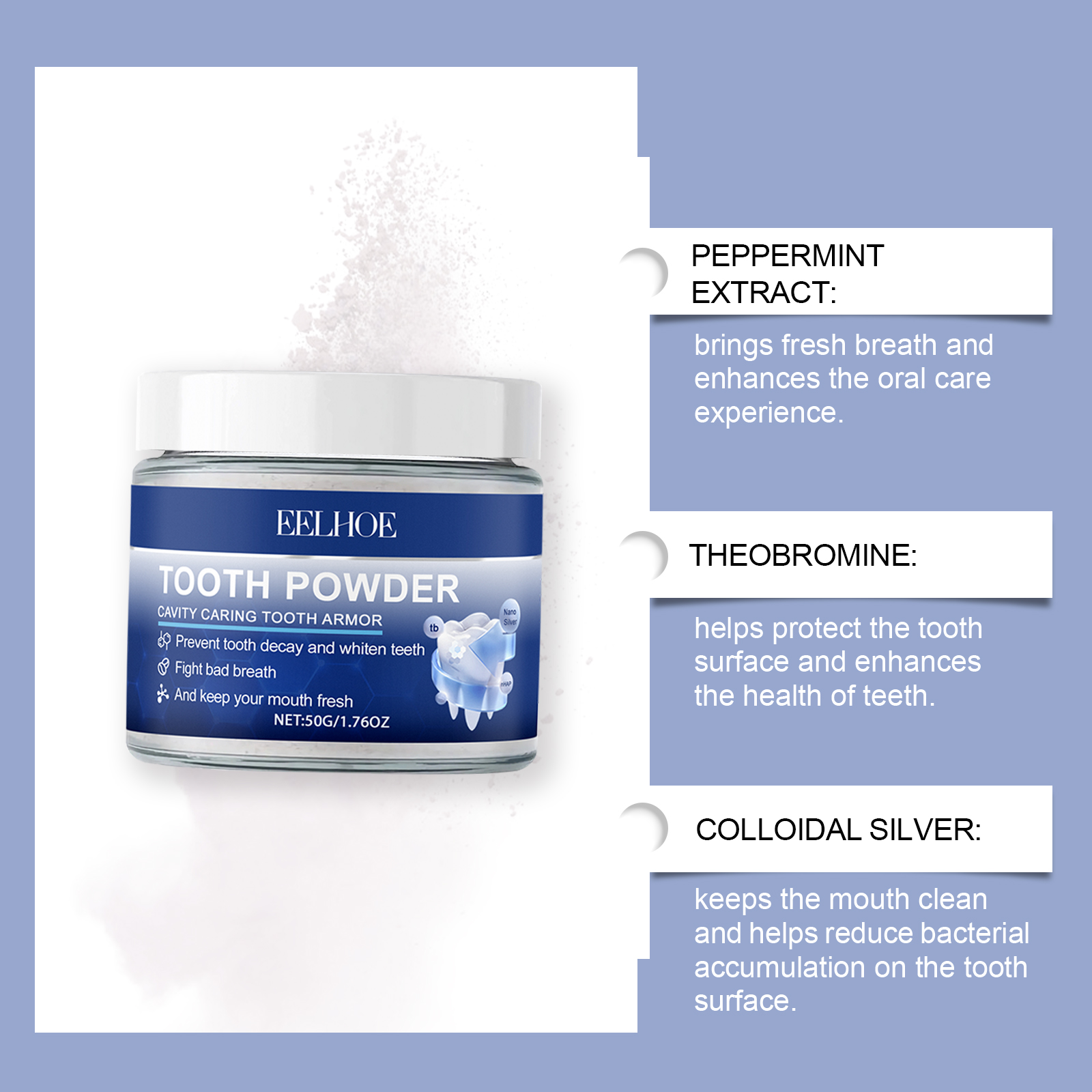 Tooth powder jar with peppermint and mint ingredient callouts