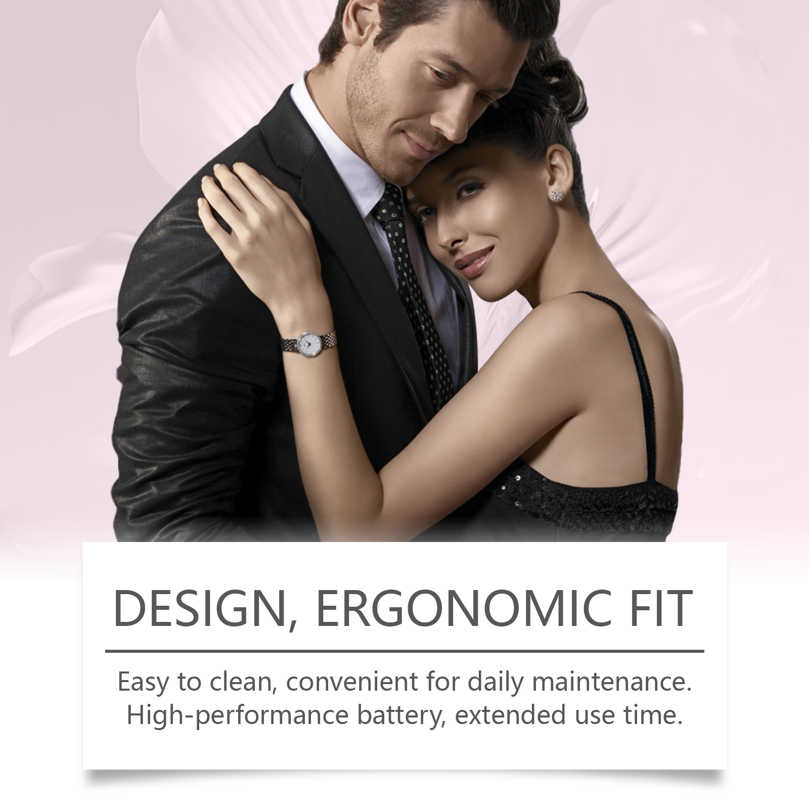 Ergonomic pink vibrator shown with couple in evening clothes