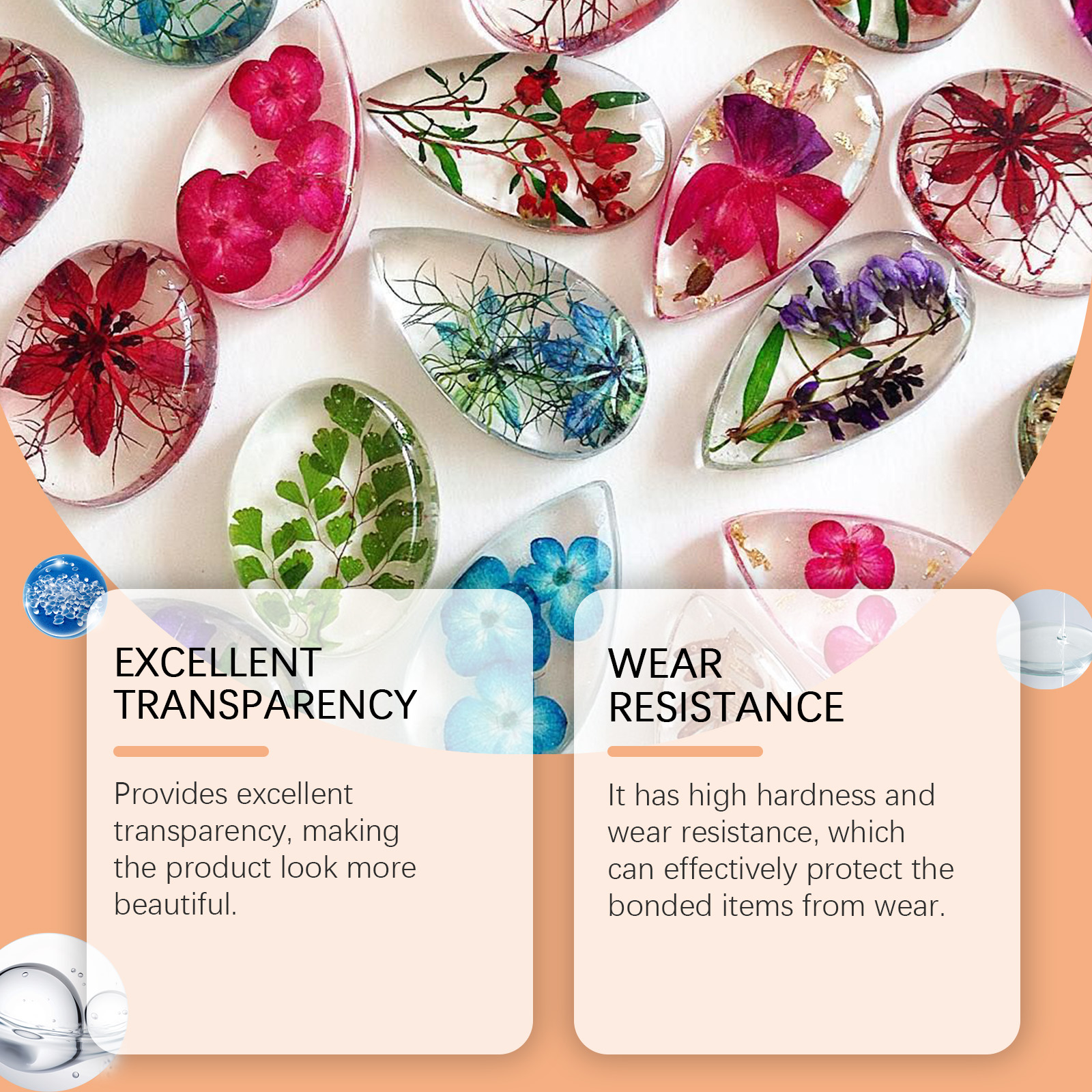 Transparent resin jewelry with pressed flowers