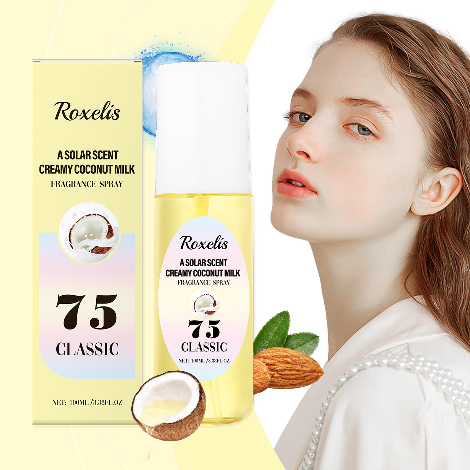 Roxelis fragrance arranged with coconut imagery