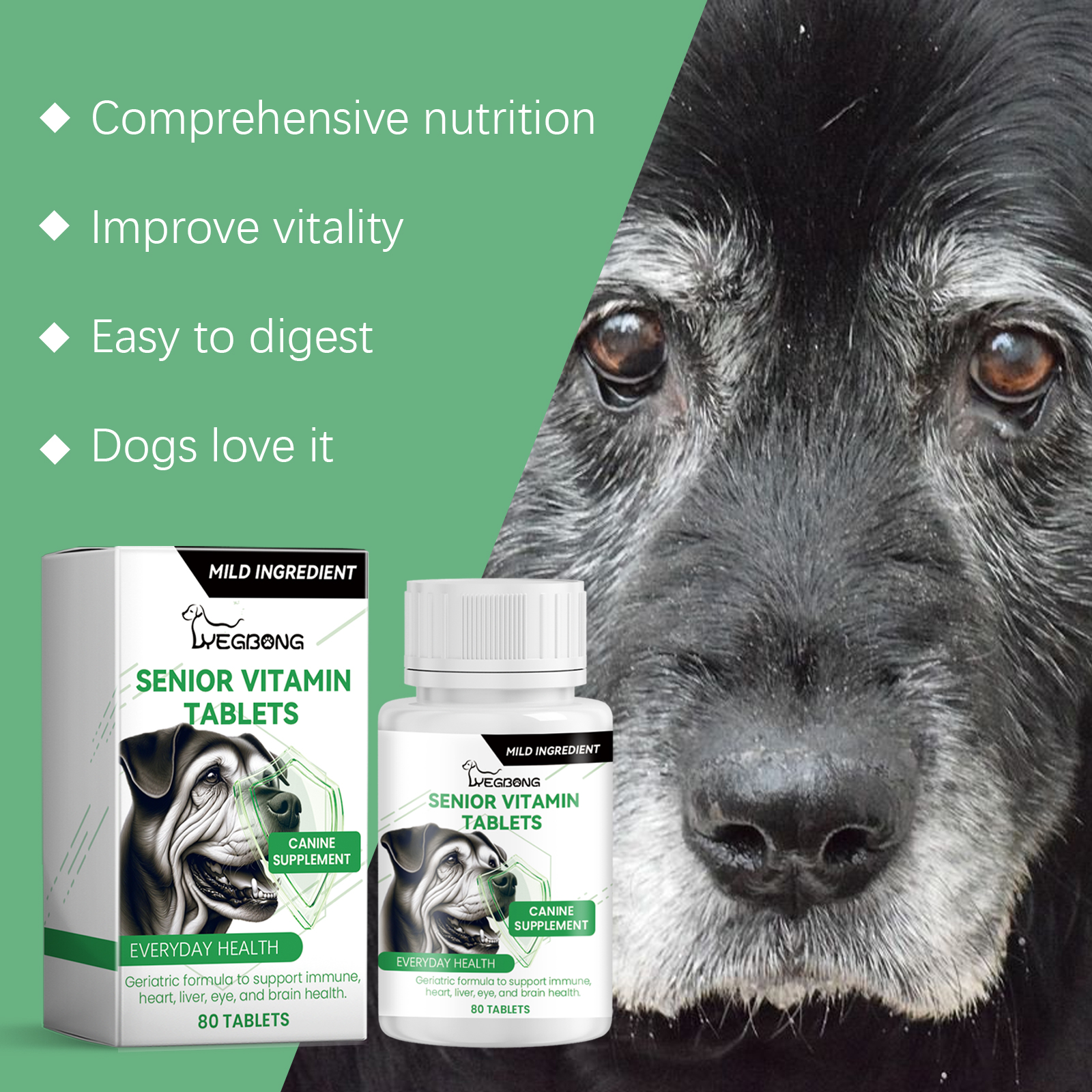 Senior vitamin bottle beside dog food bowl