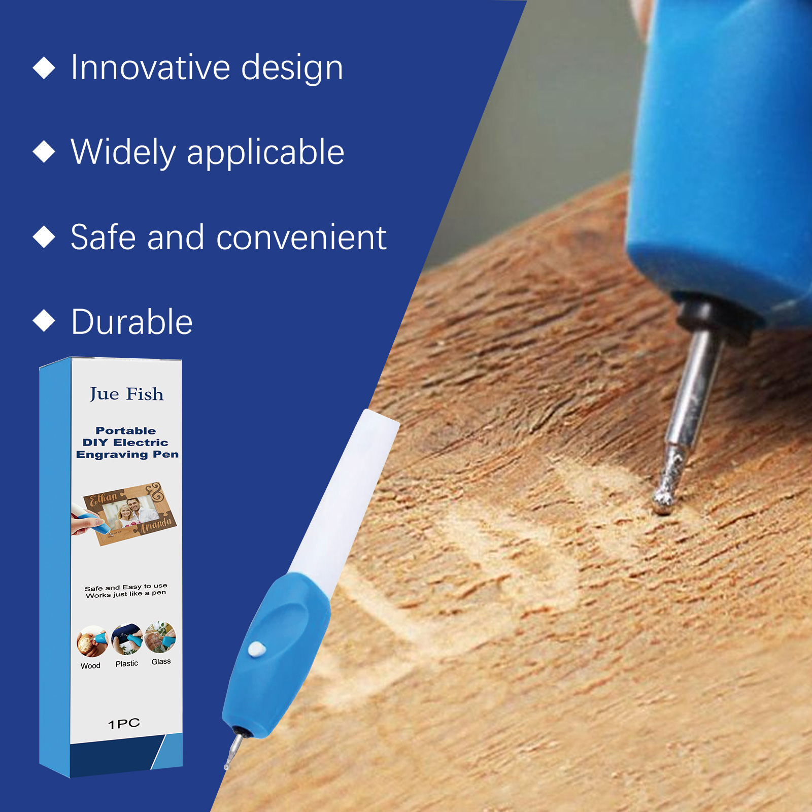 Stainless steel engraving tip touching wood surface