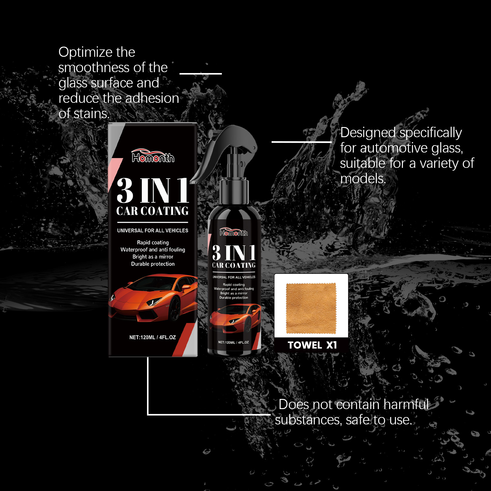 Homonth spray beside automotive glass care information
