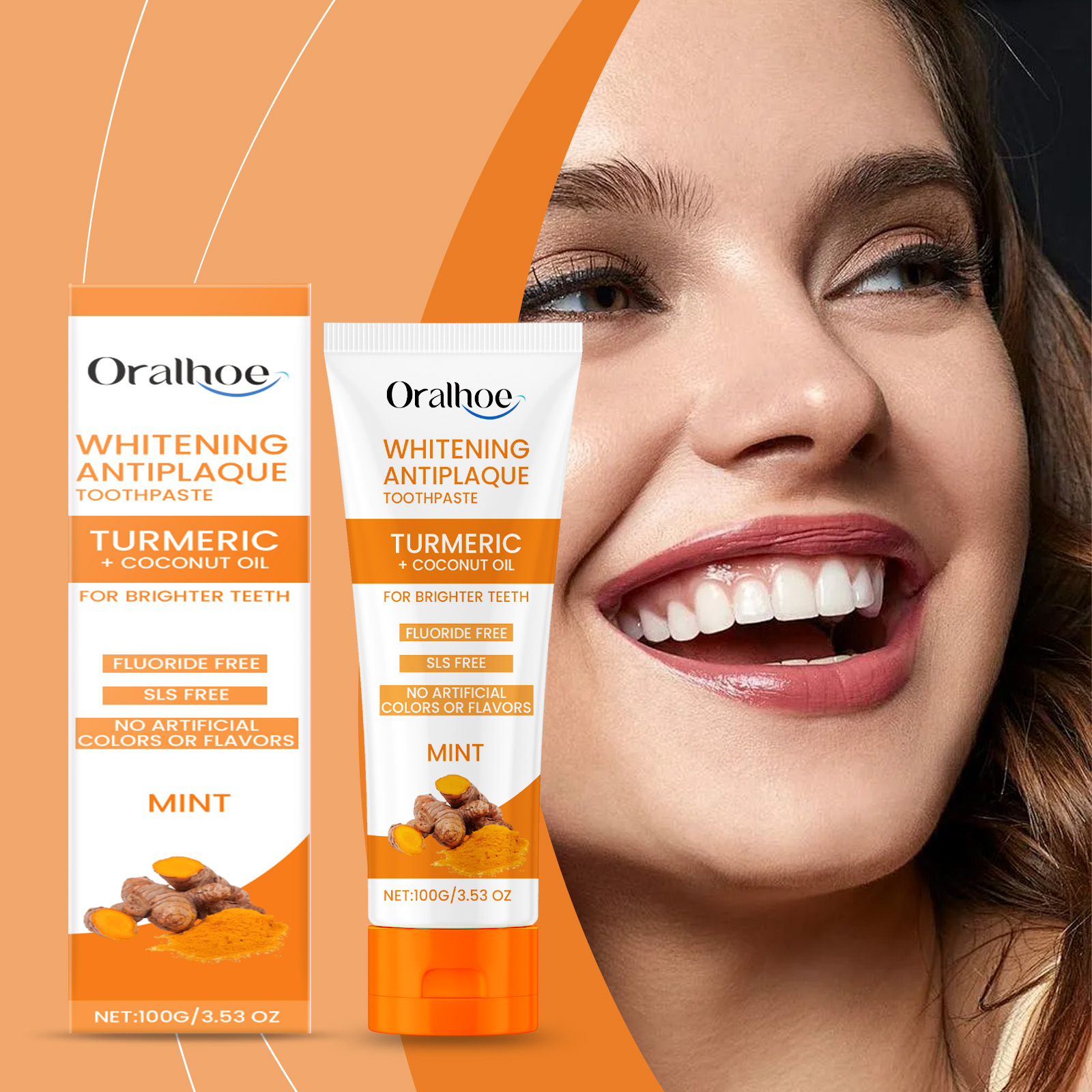 Toothpaste packaging with bright smiling lifestyle scene
