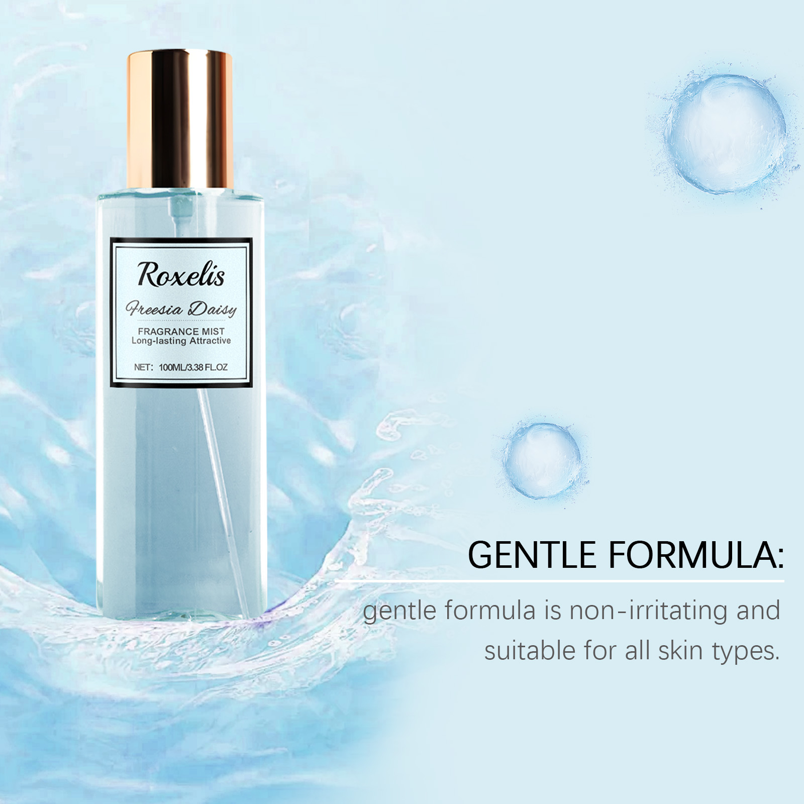 Fragrance mist bottle with gentle formula water imagery