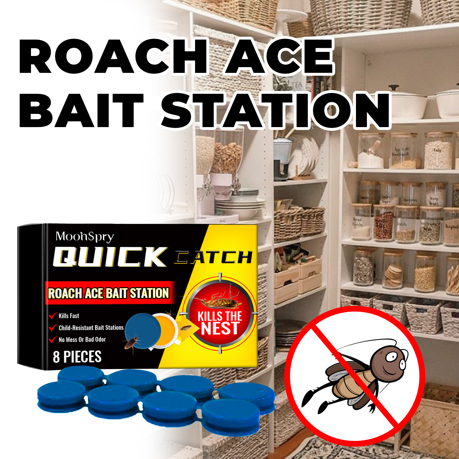 Enclosed blue bait station beside pantry cabinet