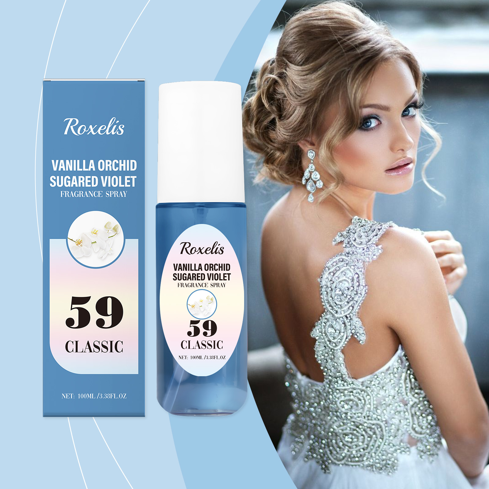 Roxelis orchid fragrance with elegantly dressed woman