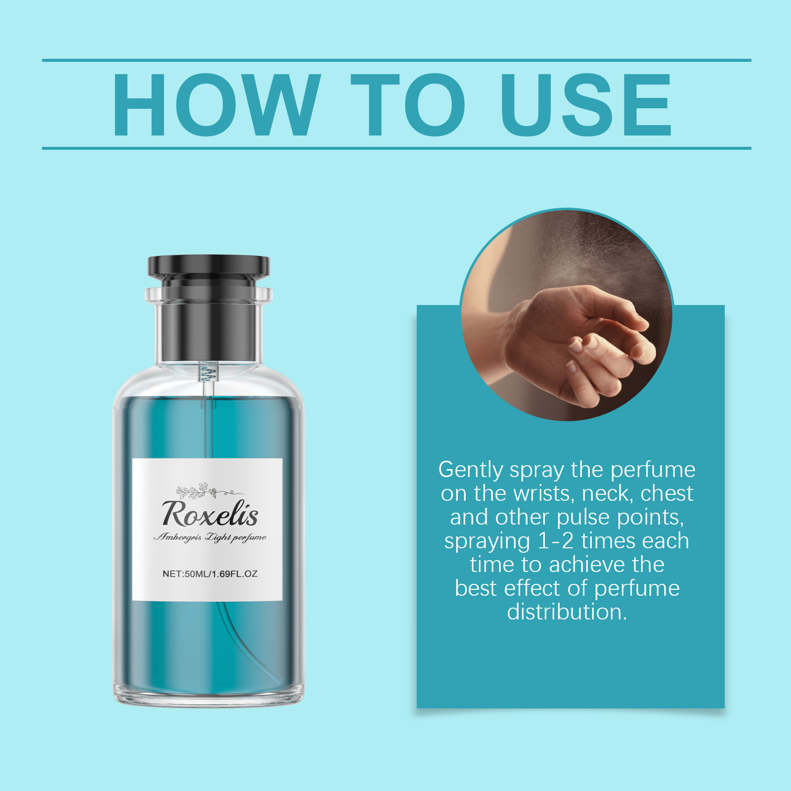 Roxelis fragrance bottle detail with turquoise liquid