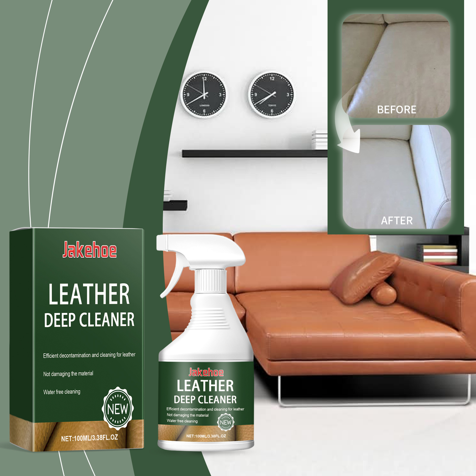 Leather cleaner shown with brighter sofa surface