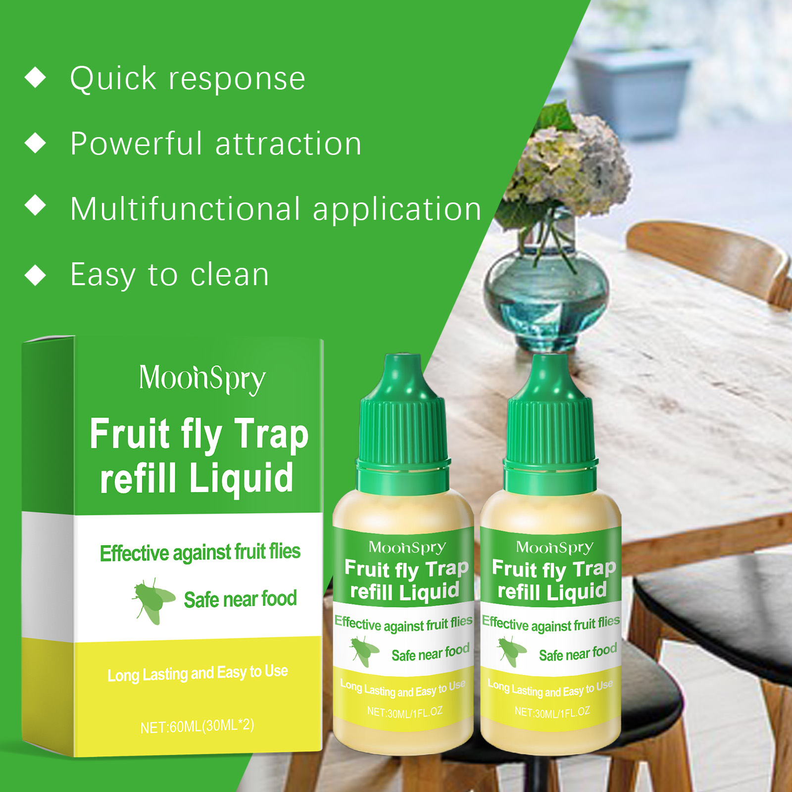 Two fruit fly refill bottles beside dining table