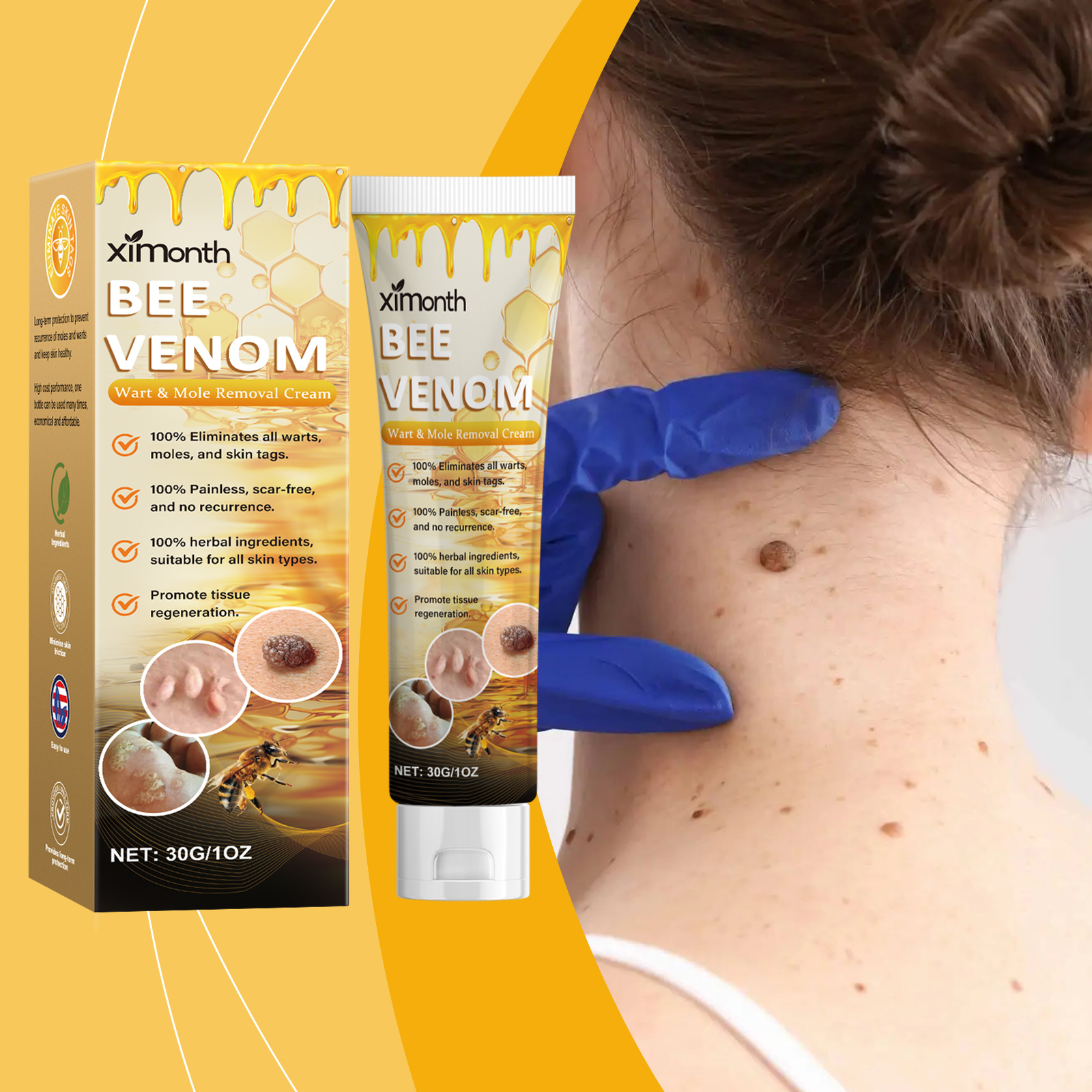 Product beside hand examining visible skin concern