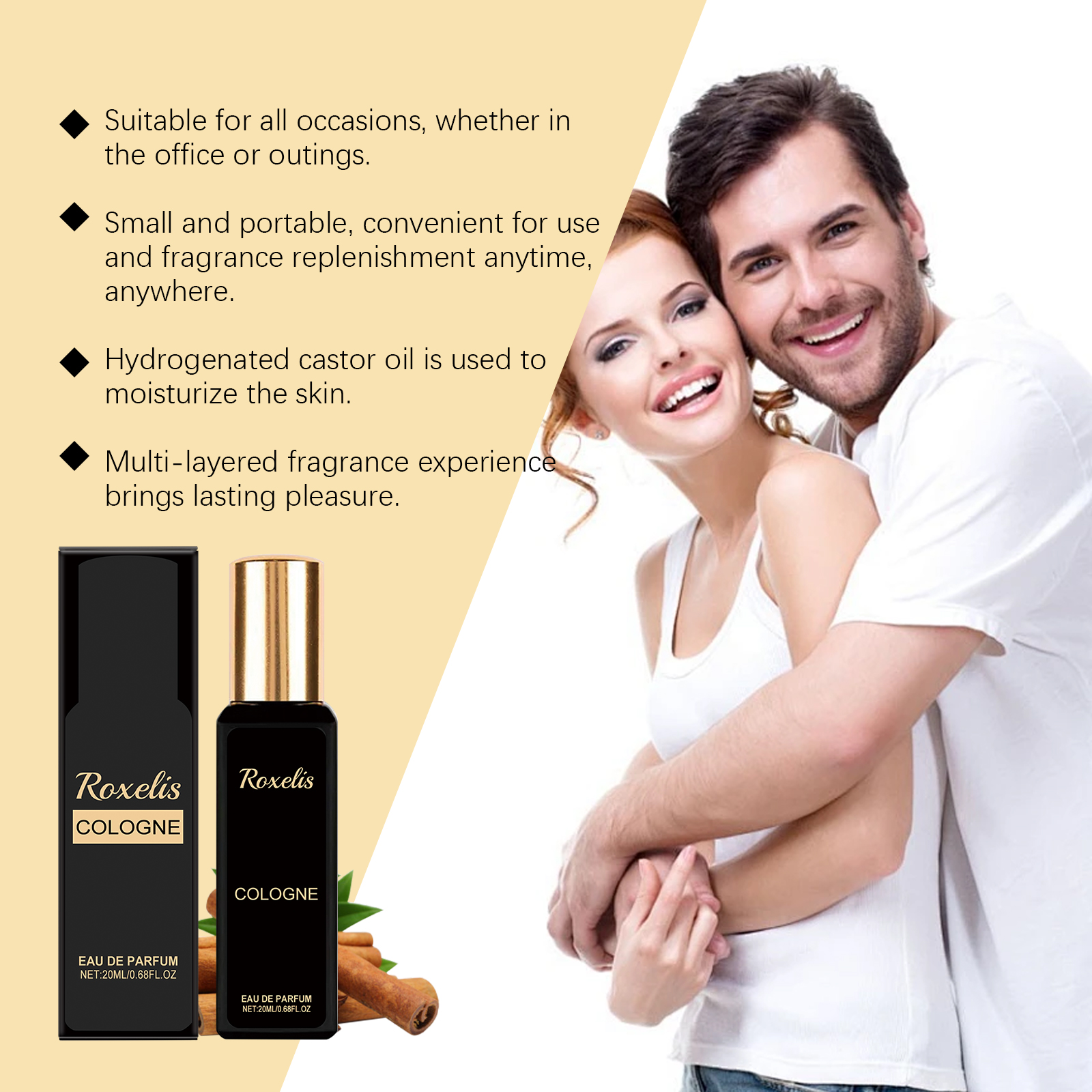 Portable Roxelis cologne bottle and packaging