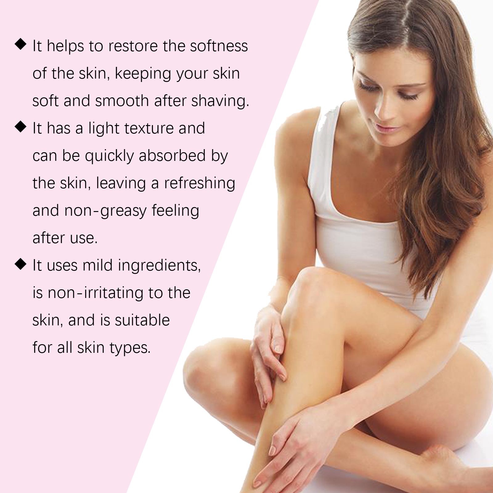 Woman smoothing lightweight serum onto shaved skin