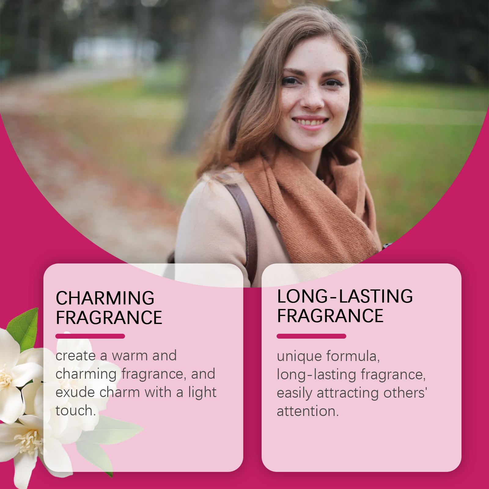 Woman wearing Roxelis charming long-lasting fragrance