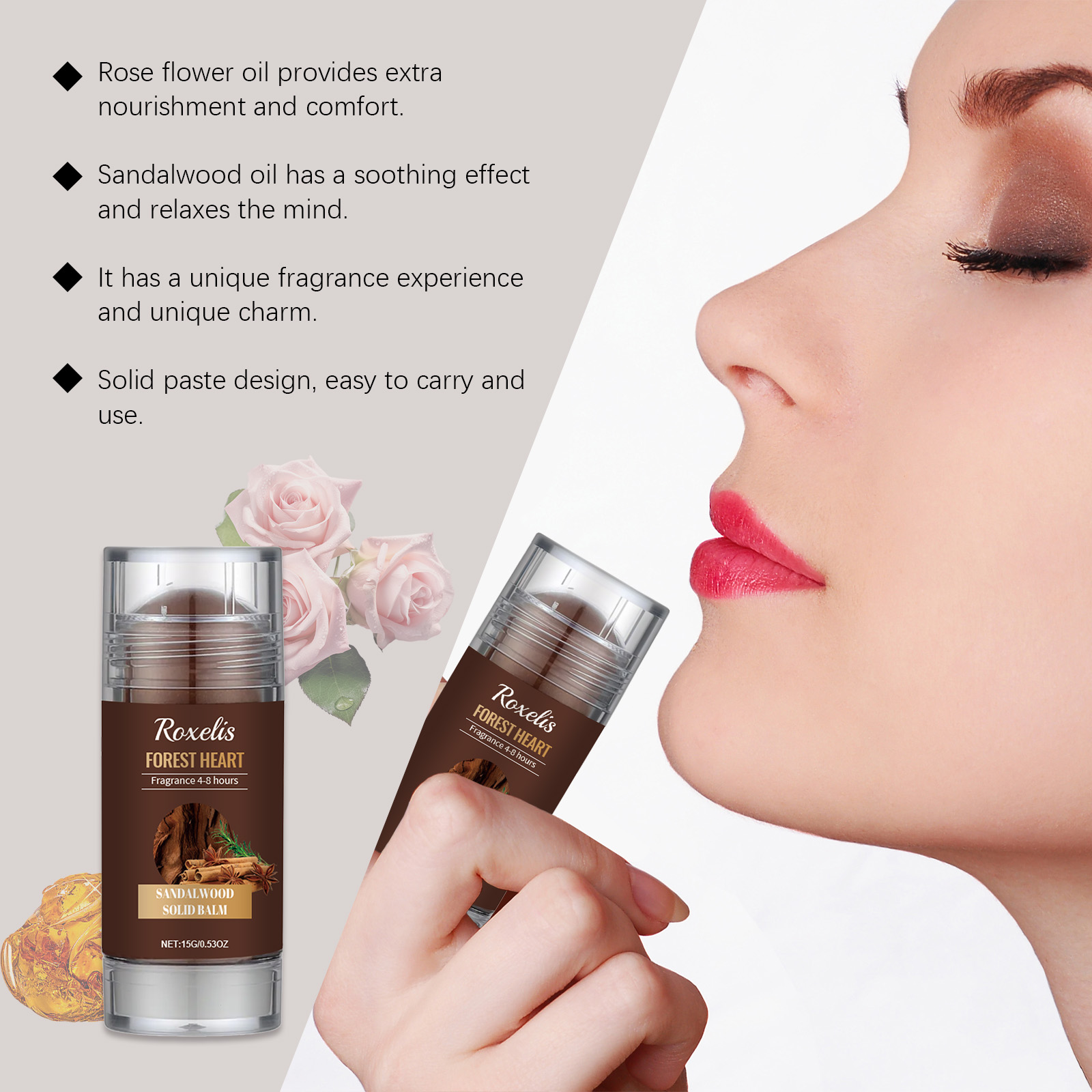 Woman applying portable Roxelis balm to her skin