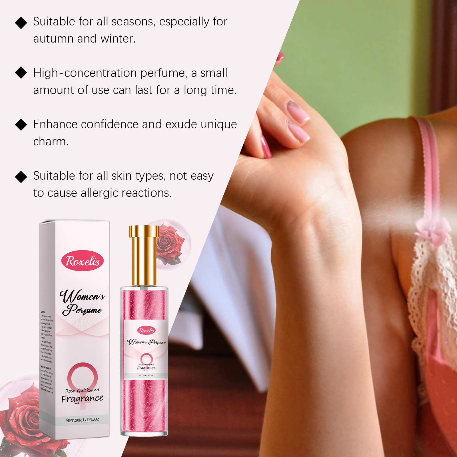 Rose perfume shown with floral fragrance and confidence claims