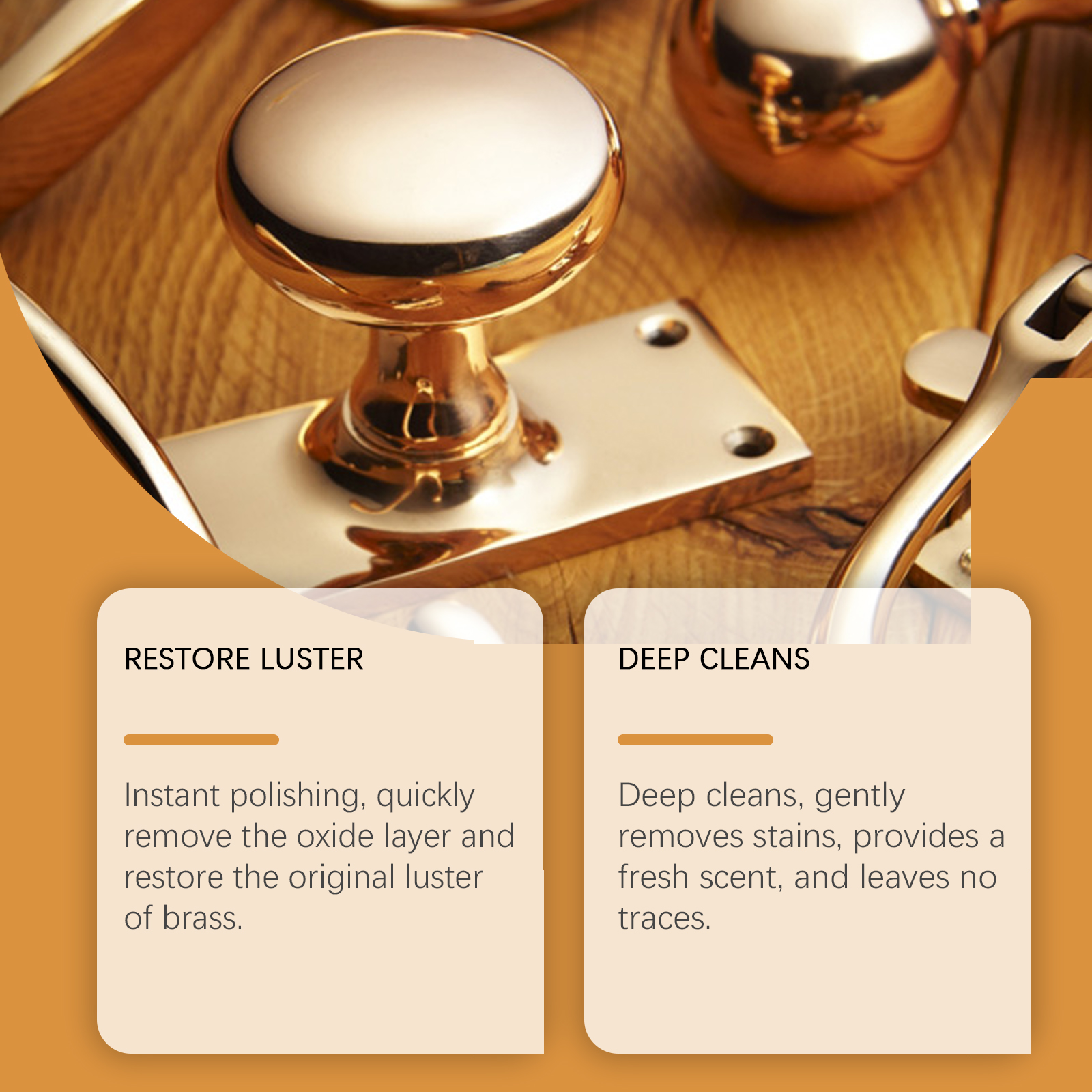 Close-up of deeply cleaned brass candlestick after one application, oxide layer removed, reflective surface