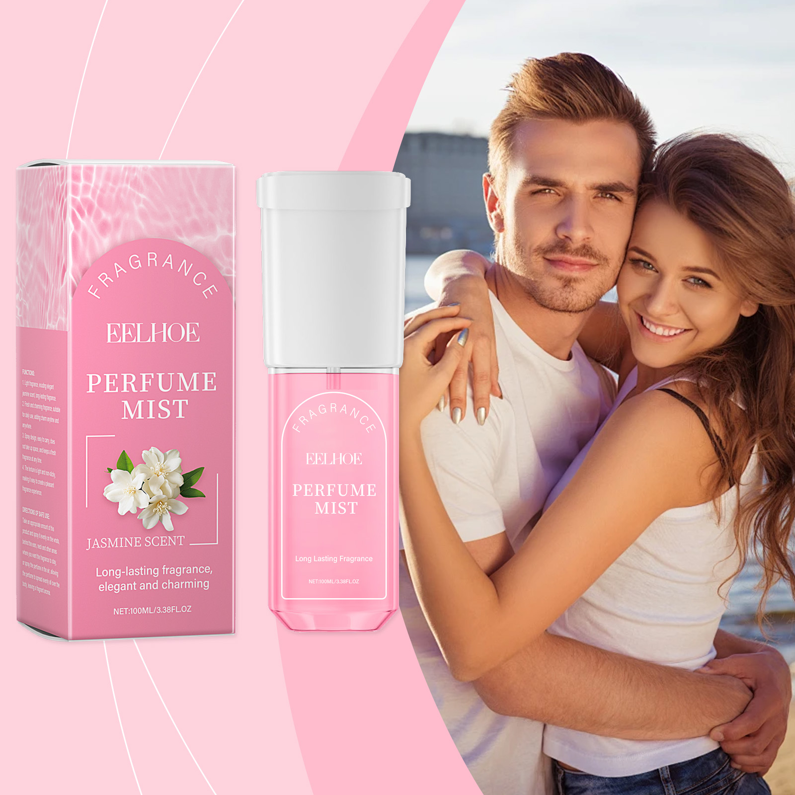 Pink fragrance mist and carton beside smiling couple