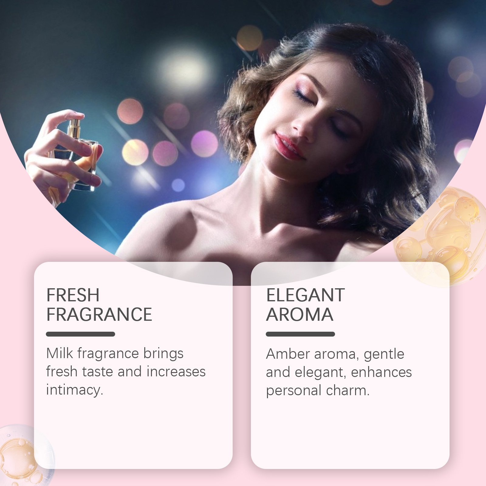 Woman applying Roxelis perfume with spray atomizer
