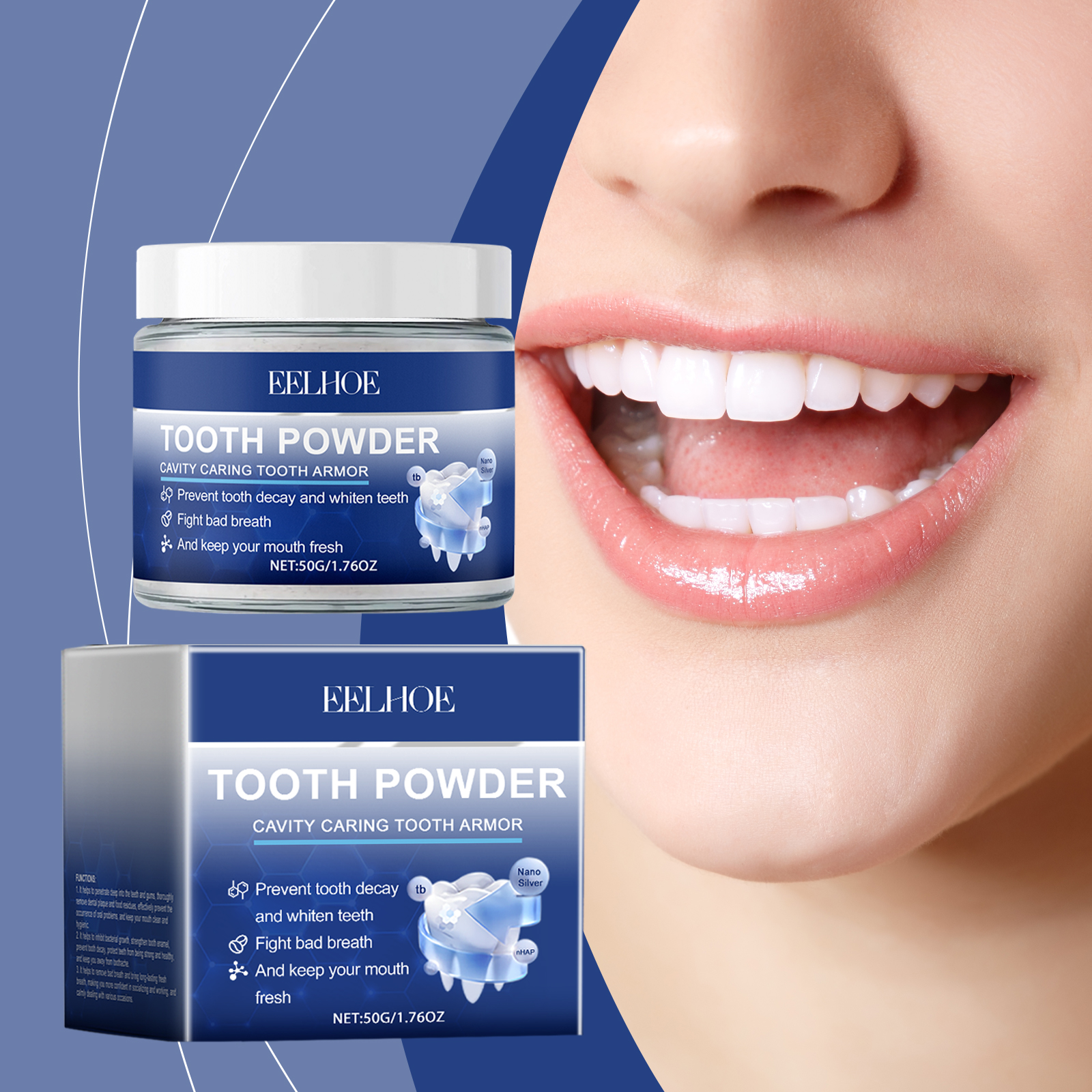 Tooth powder jar and carton beside bright-looking teeth