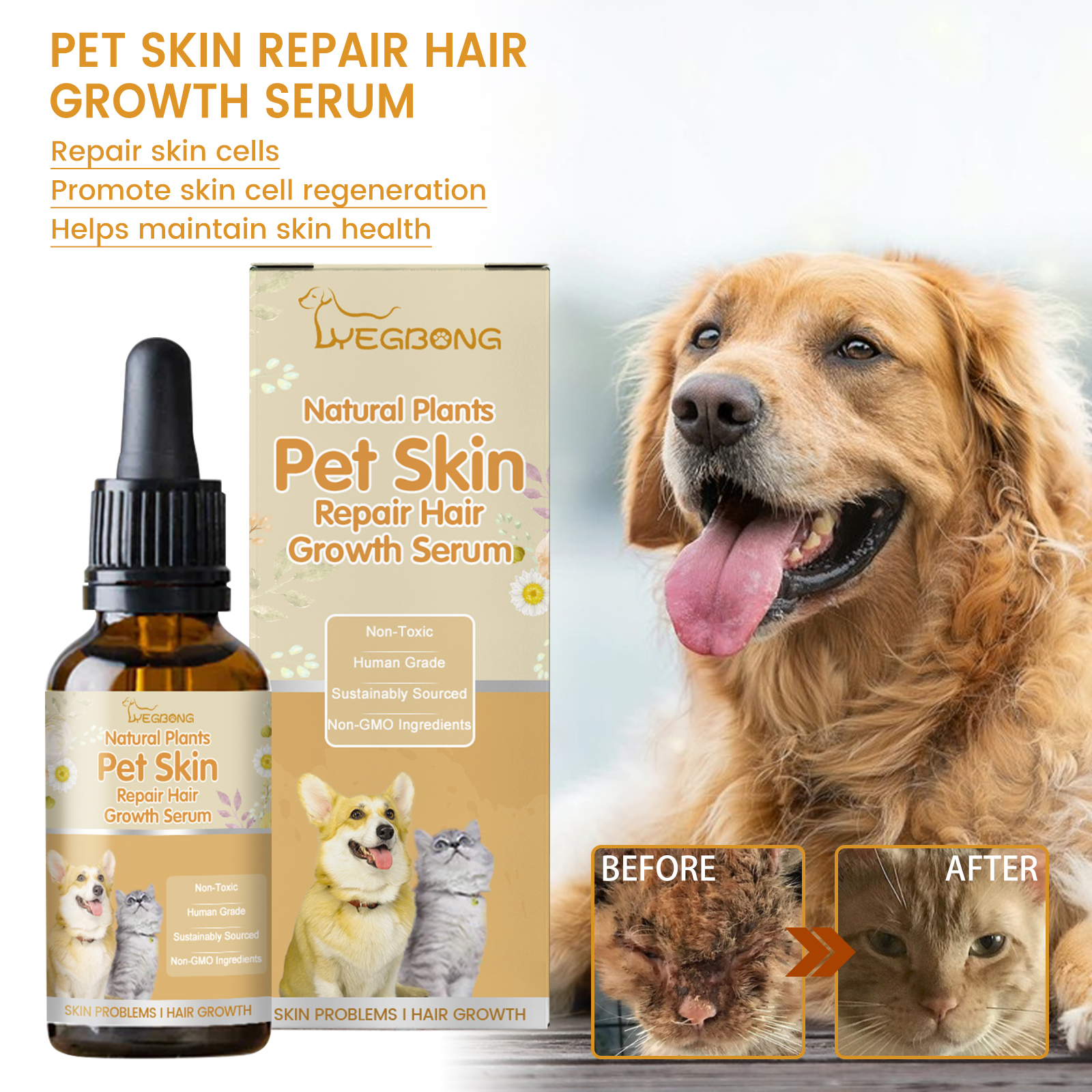 Pet serum bottle with dog and coat appearance panels