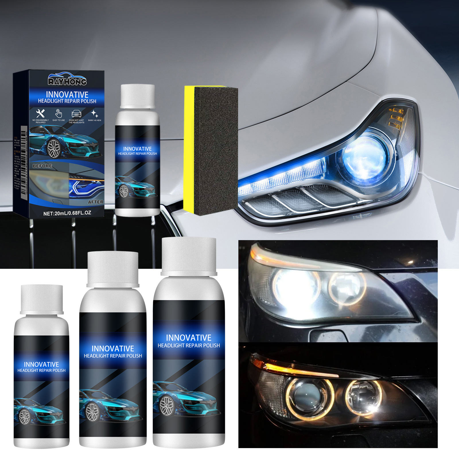 Headlight repair kit beside a visibly clearer vehicle lens