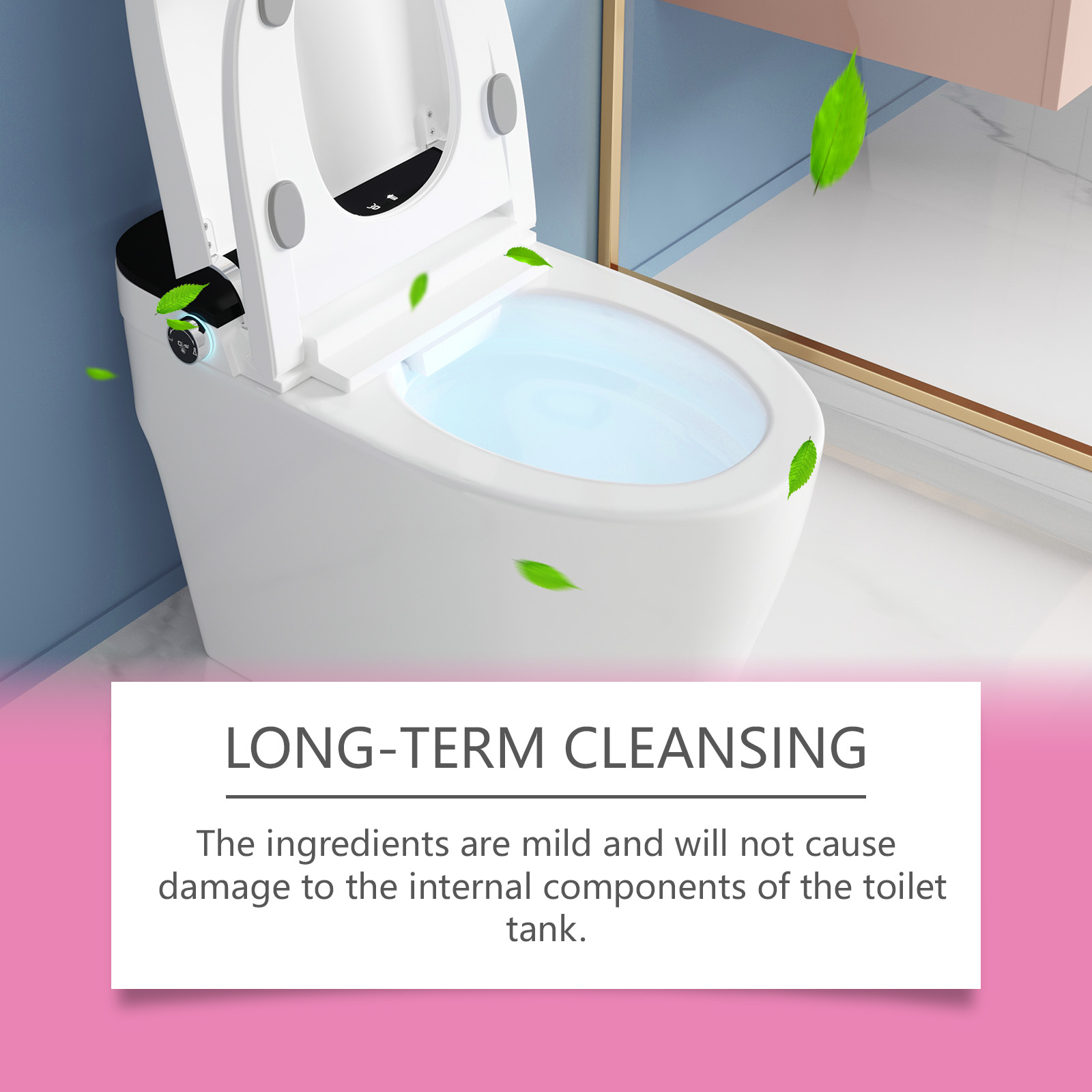 Clear blue toilet water with animated green leaves indicating freshness