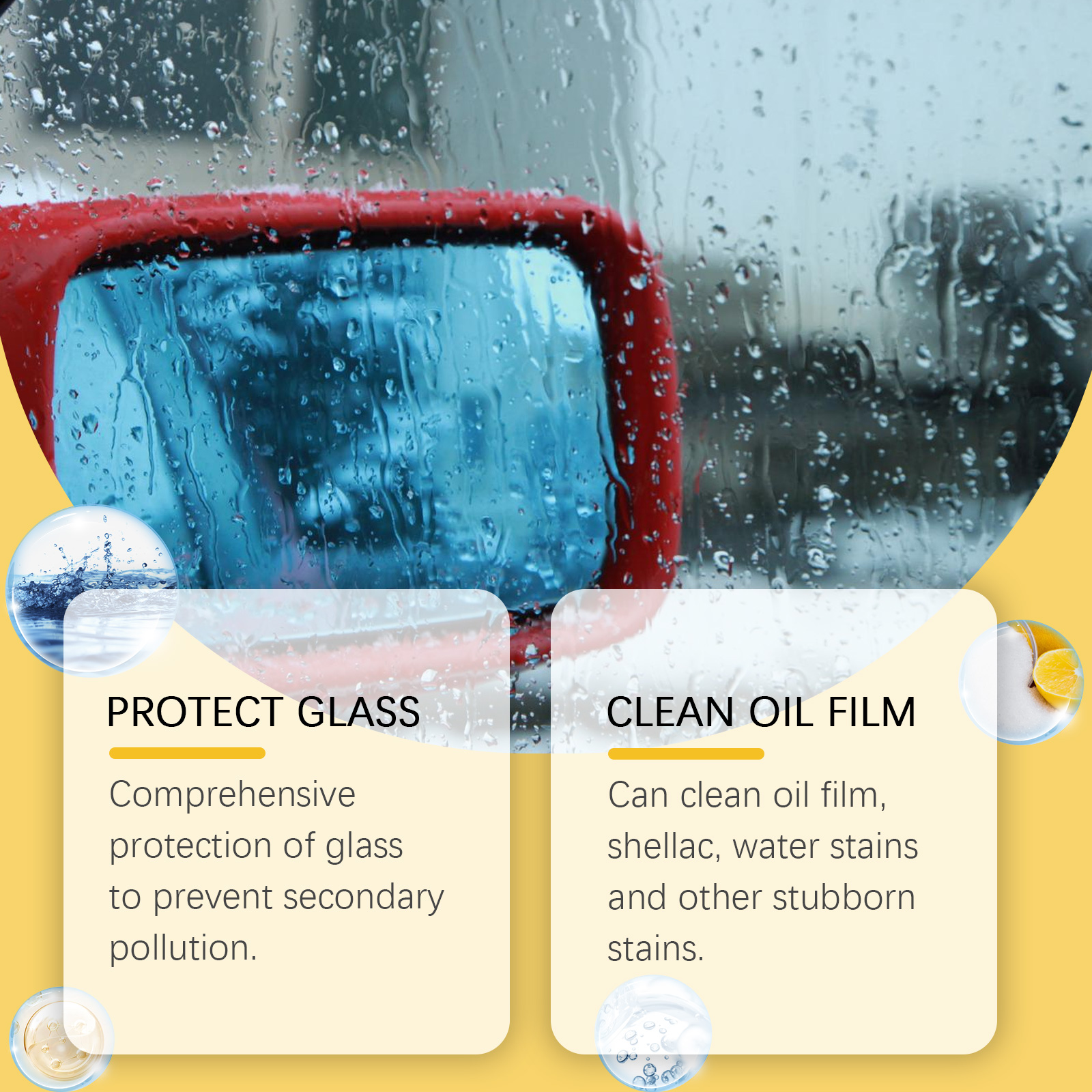 Wet vehicle glass with protective cleaning message