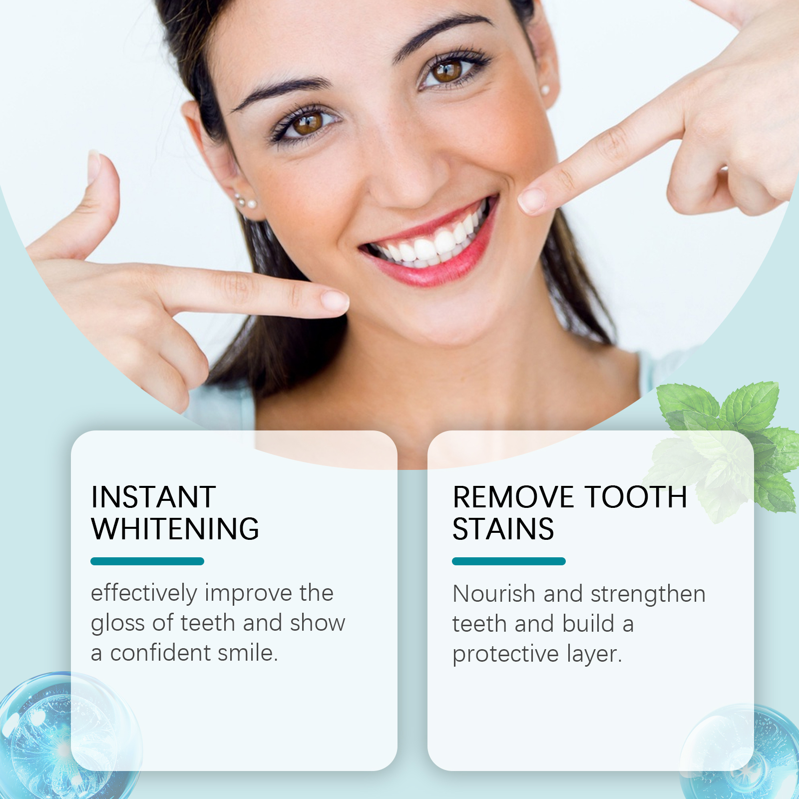 Smile care product beside woman pointing at teeth