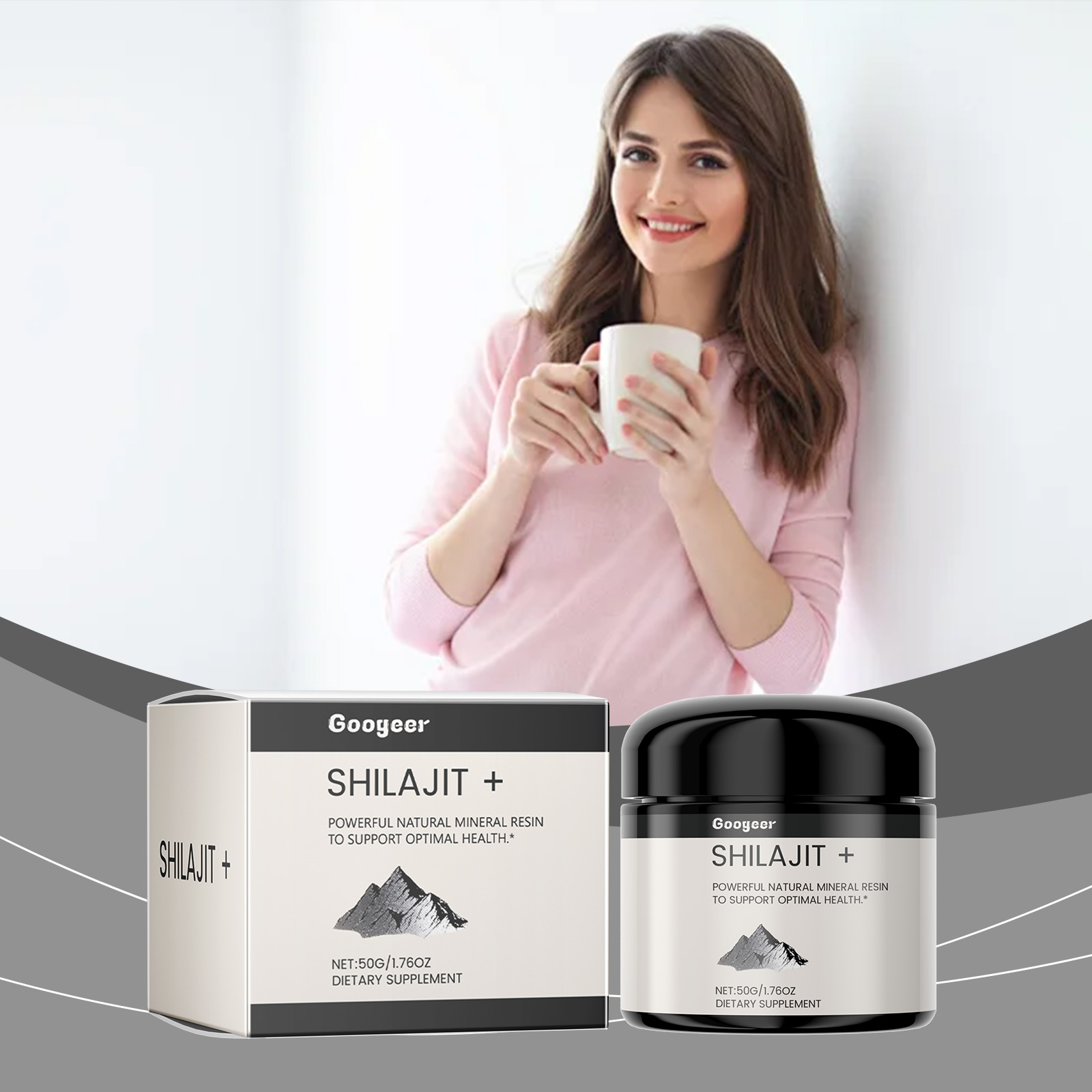 Woman holding drink beside boxed mineral resin