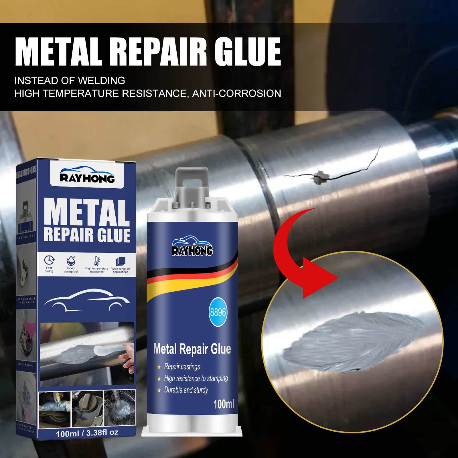 Gray adhesive filling a crack on a metal pipe