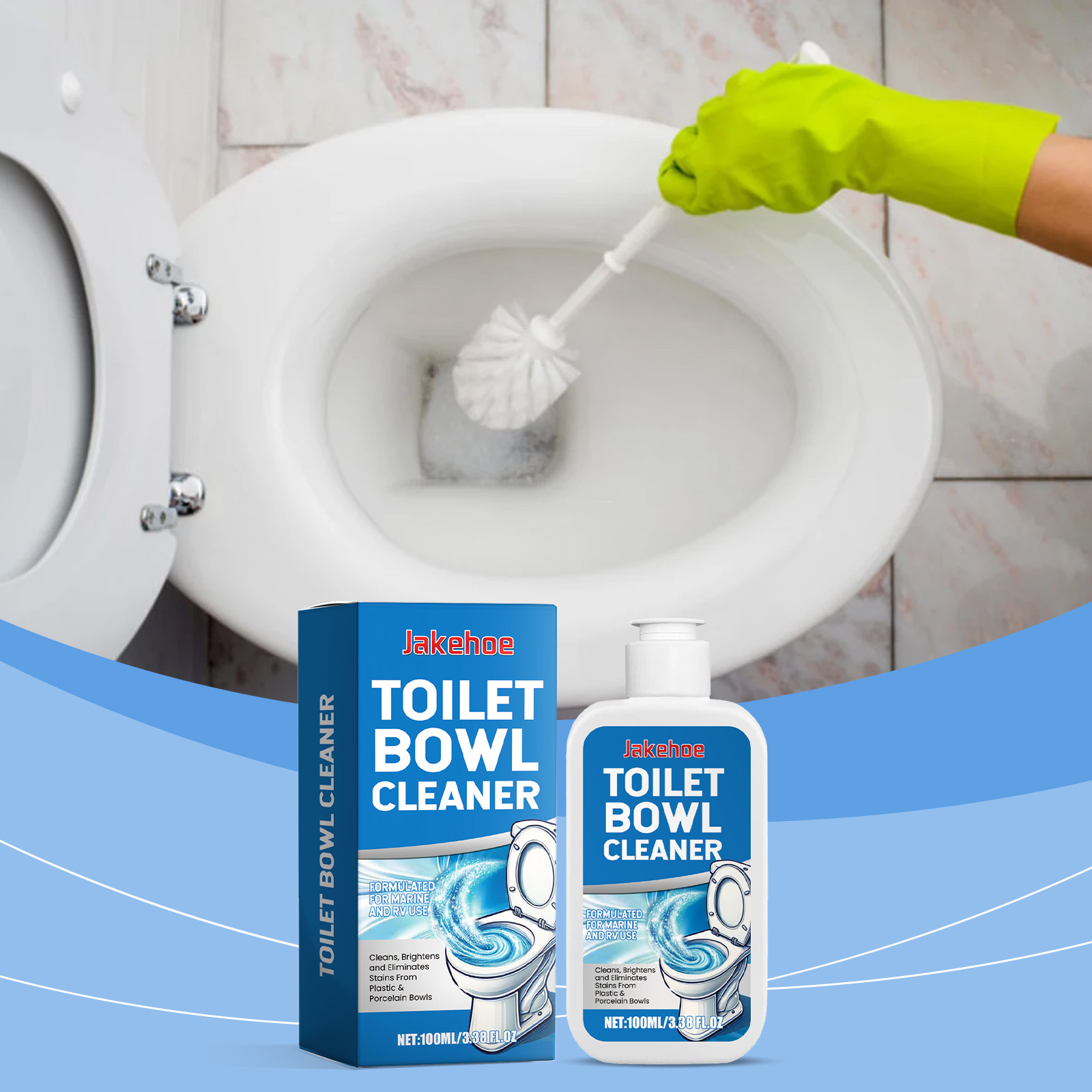 User applying toilet cleaner under the rim with a squeeze bottle