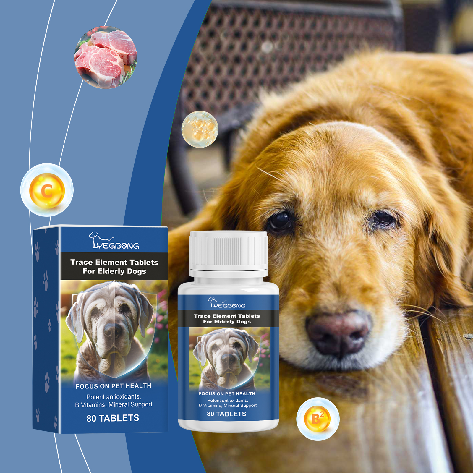 Senior dog and supplement bottle near feeding routine