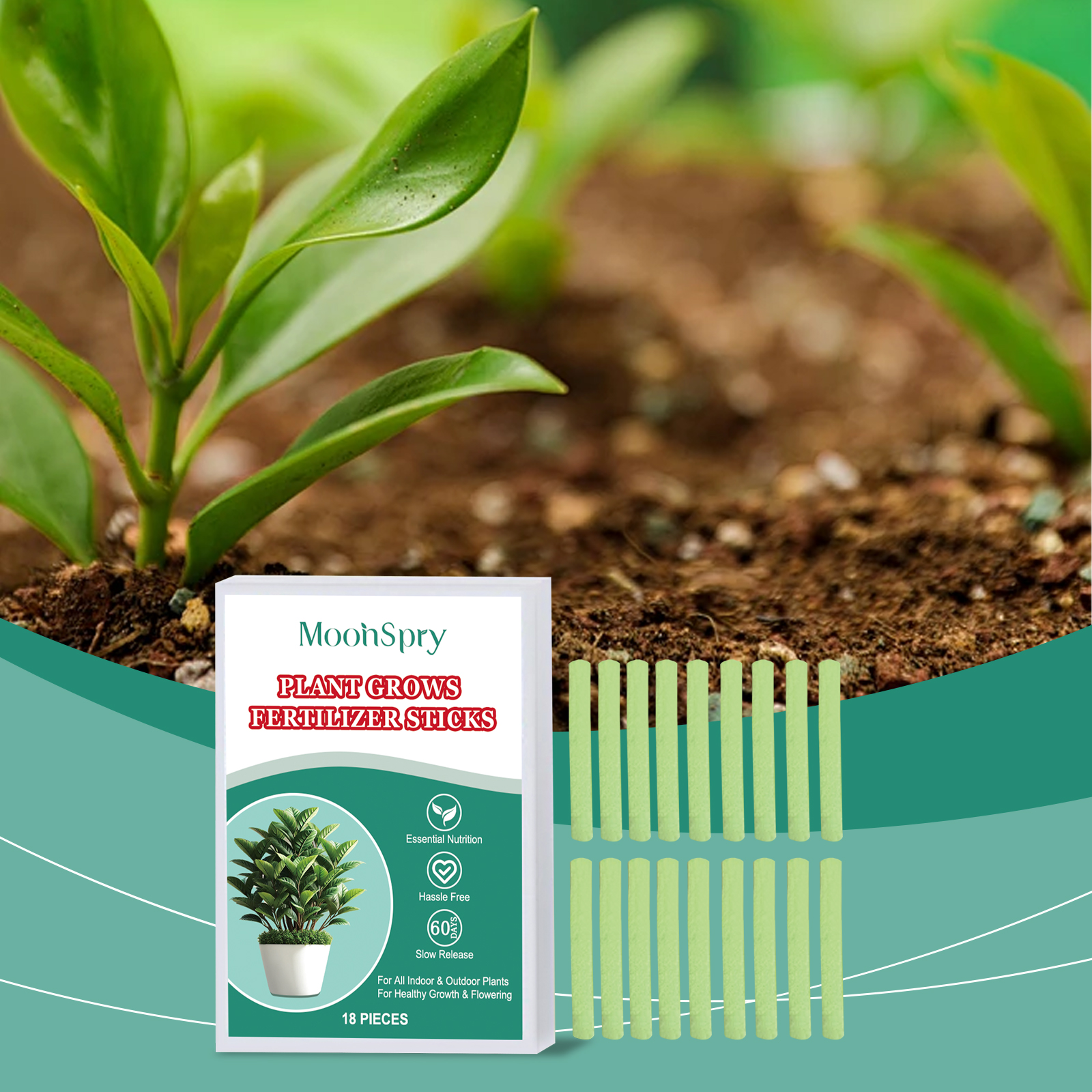 Fertilizer sticks beside healthy potted plant foliage