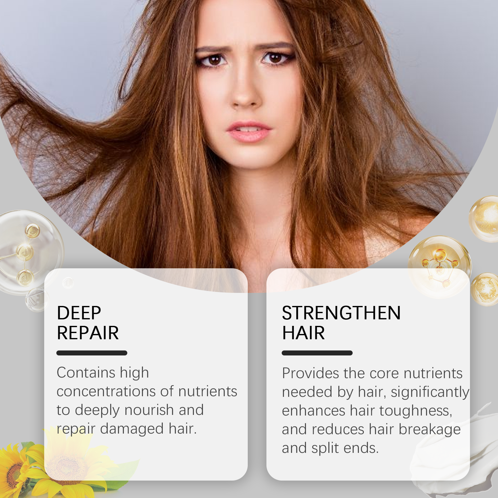 Frizzy and smooth-looking hair comparison for repair care