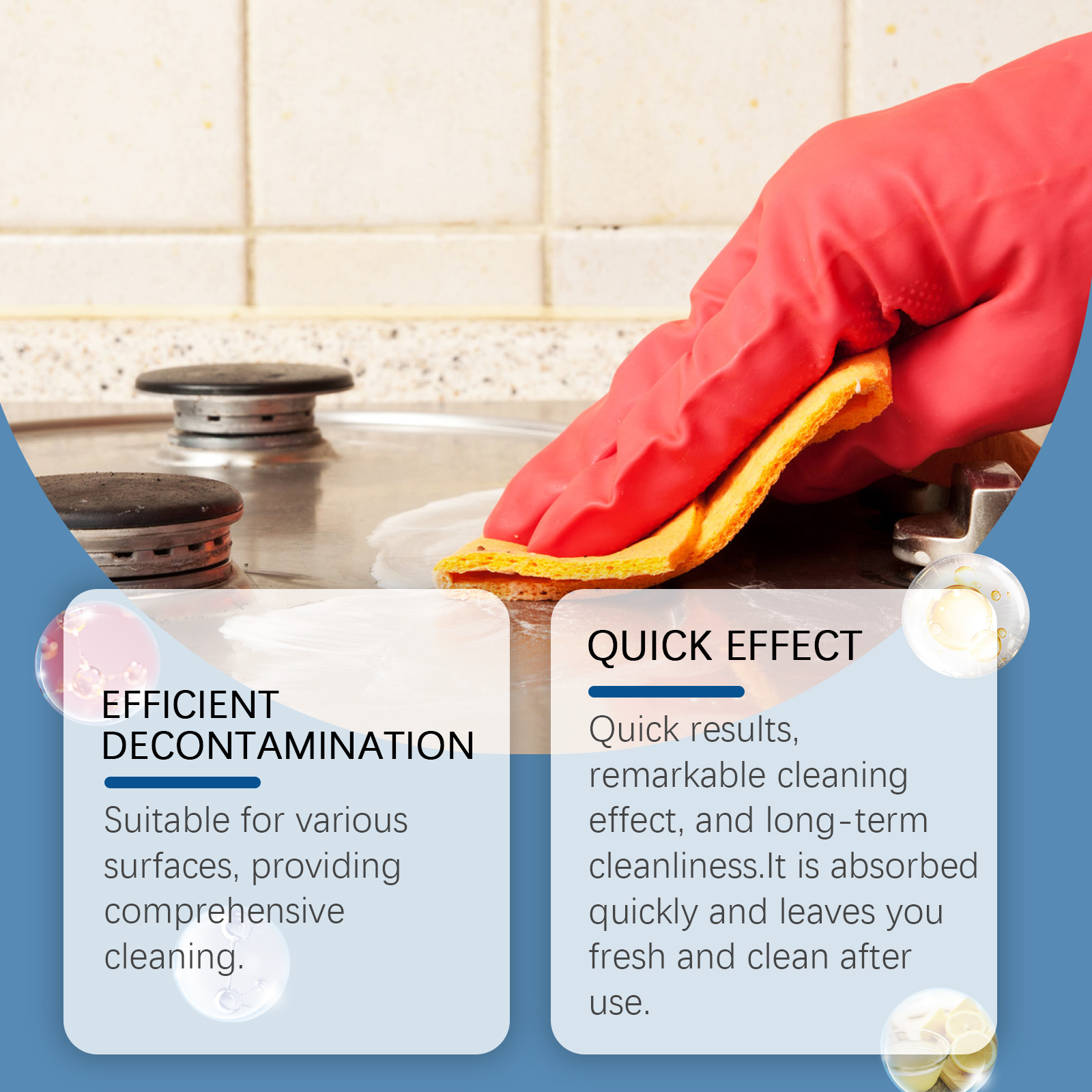 Before-and-after view of a greasy kitchen countertop being wiped clean with a sponge after tablet application