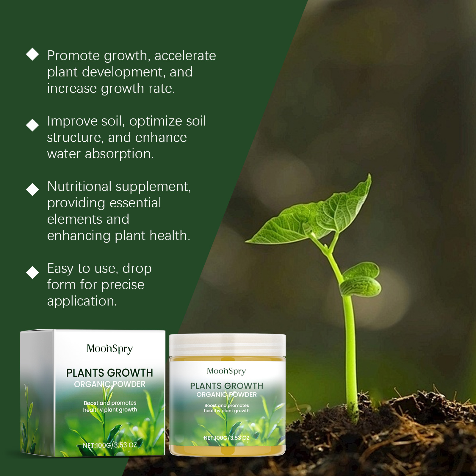 MoonSpry plant powder beside soil and a young seedling