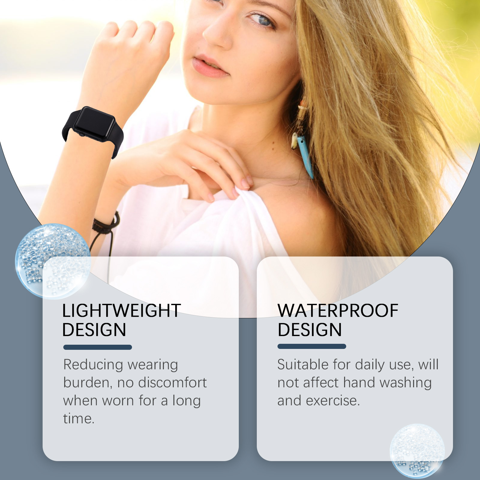Woman wearing Houkea wristband during bright active movement