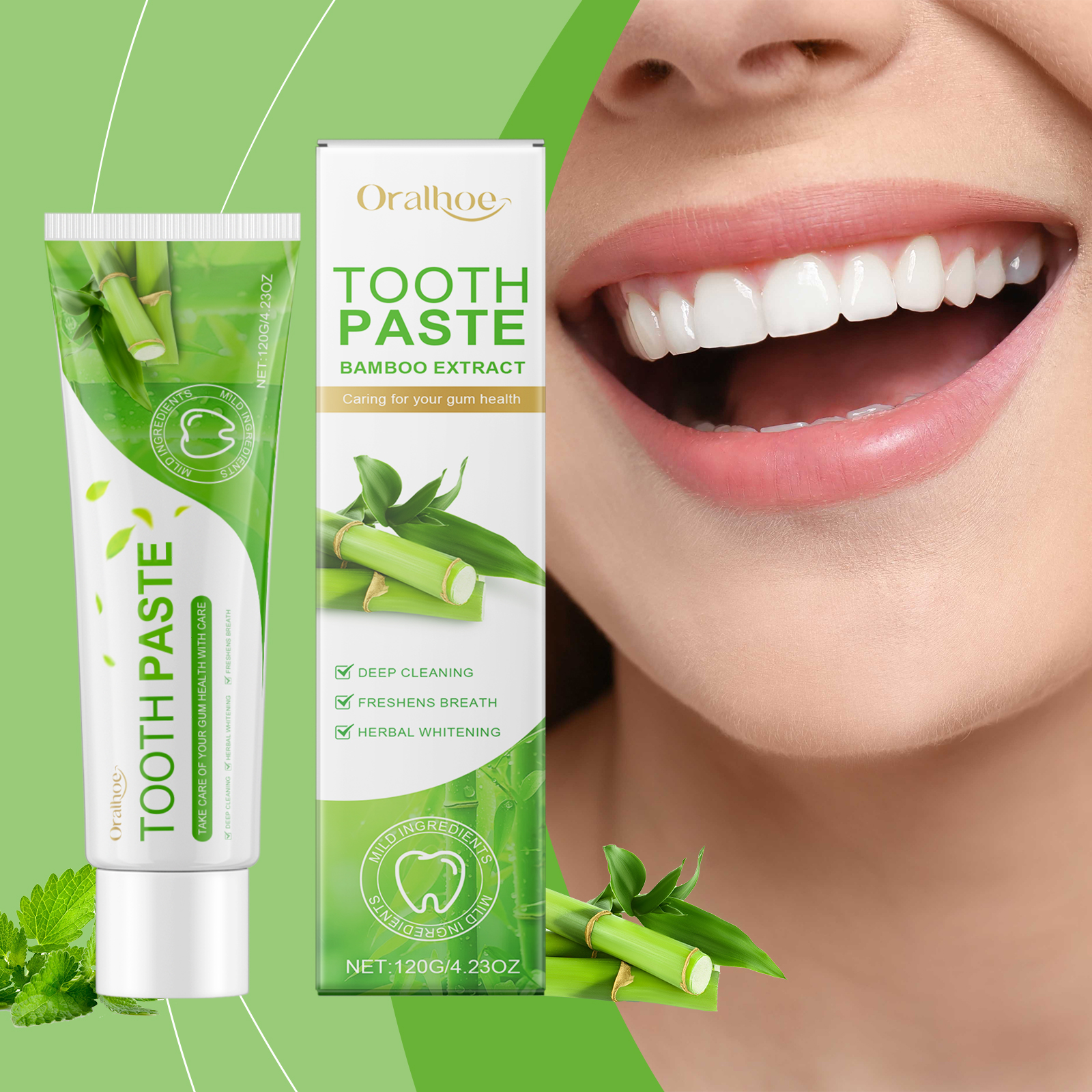 Bamboo toothpaste beside bright smile and fresh botanical leaves
