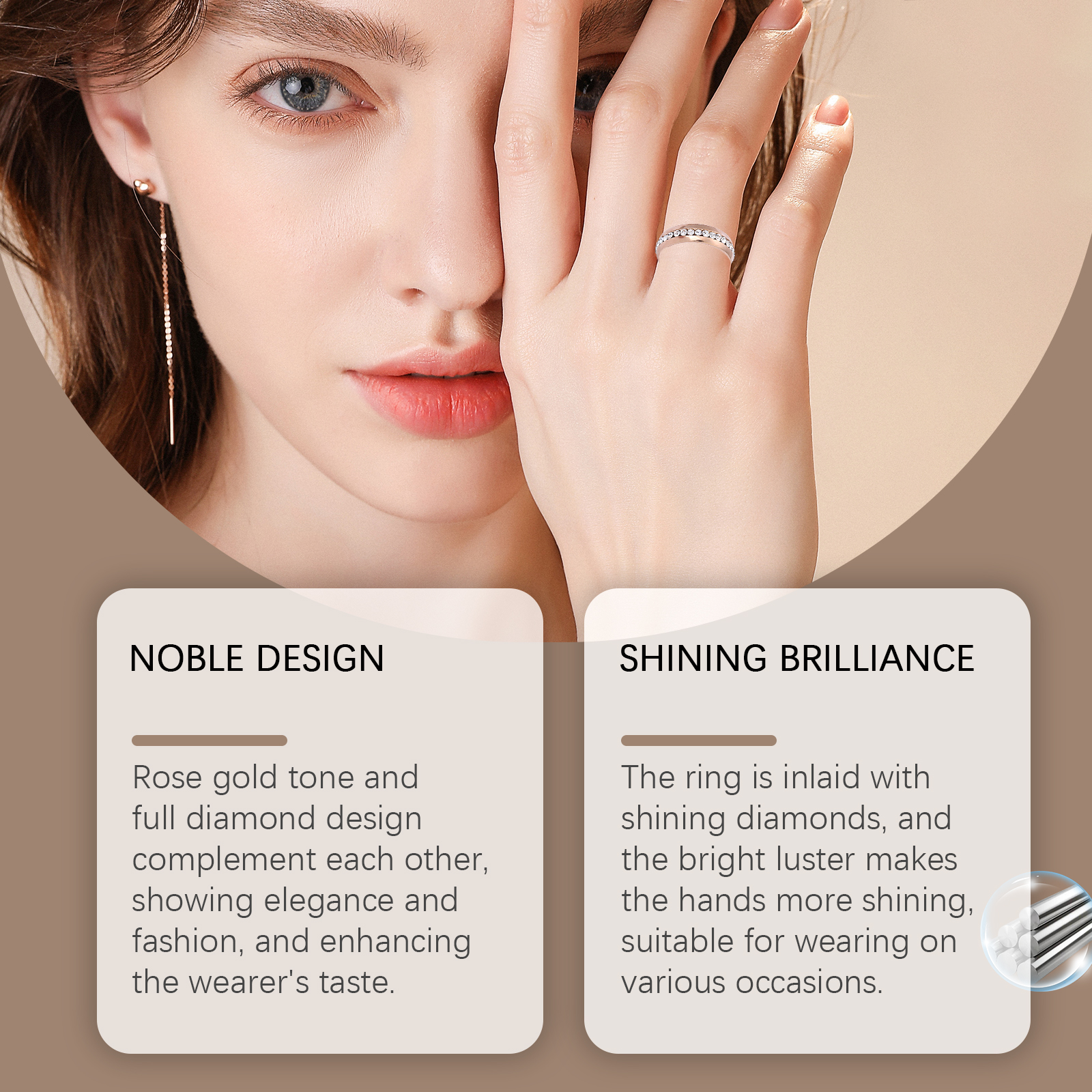 Close-up beauty portrait of hand wearing the ring with sparkle detail
