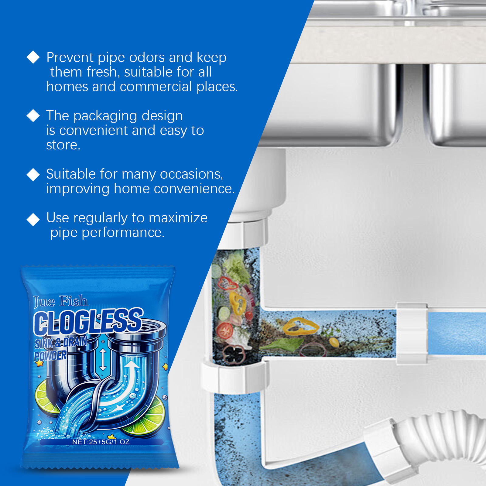 Illustrated pipe with drain odor and buildup benefits