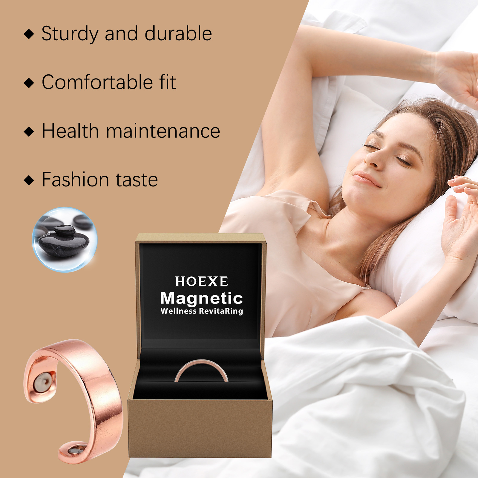 Rose-gold wellness ring beside branded presentation box