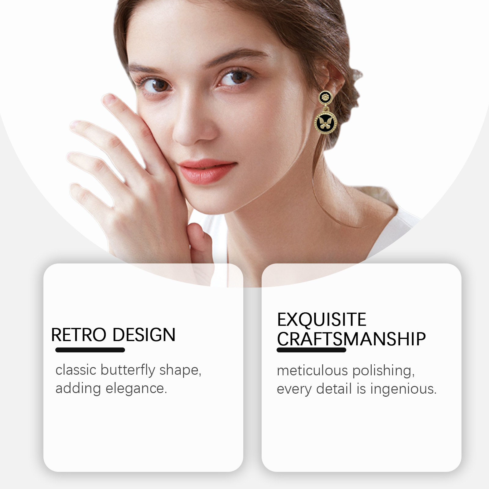 Close-up of polished gold and black earring details