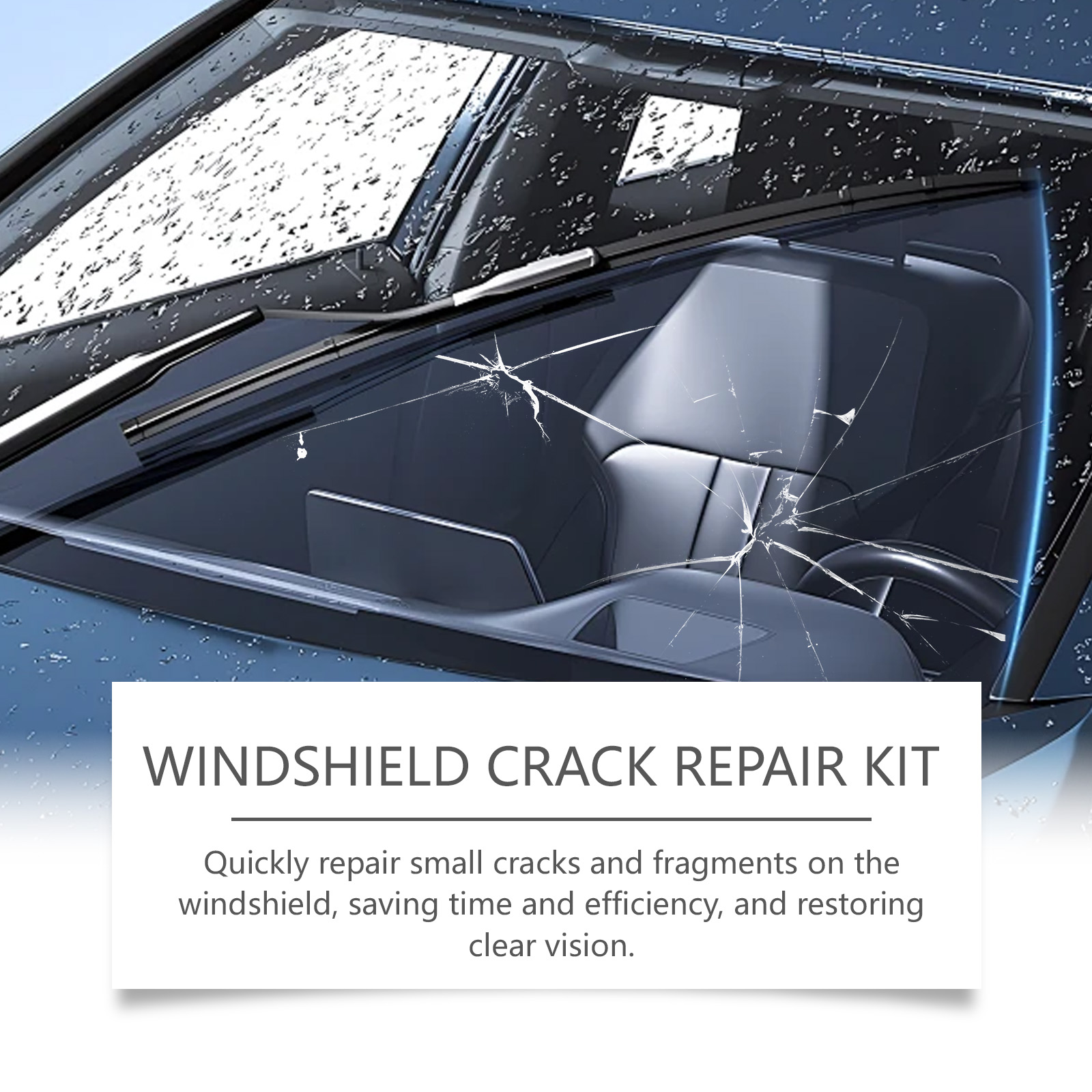 Small windshield crack visible across car glass