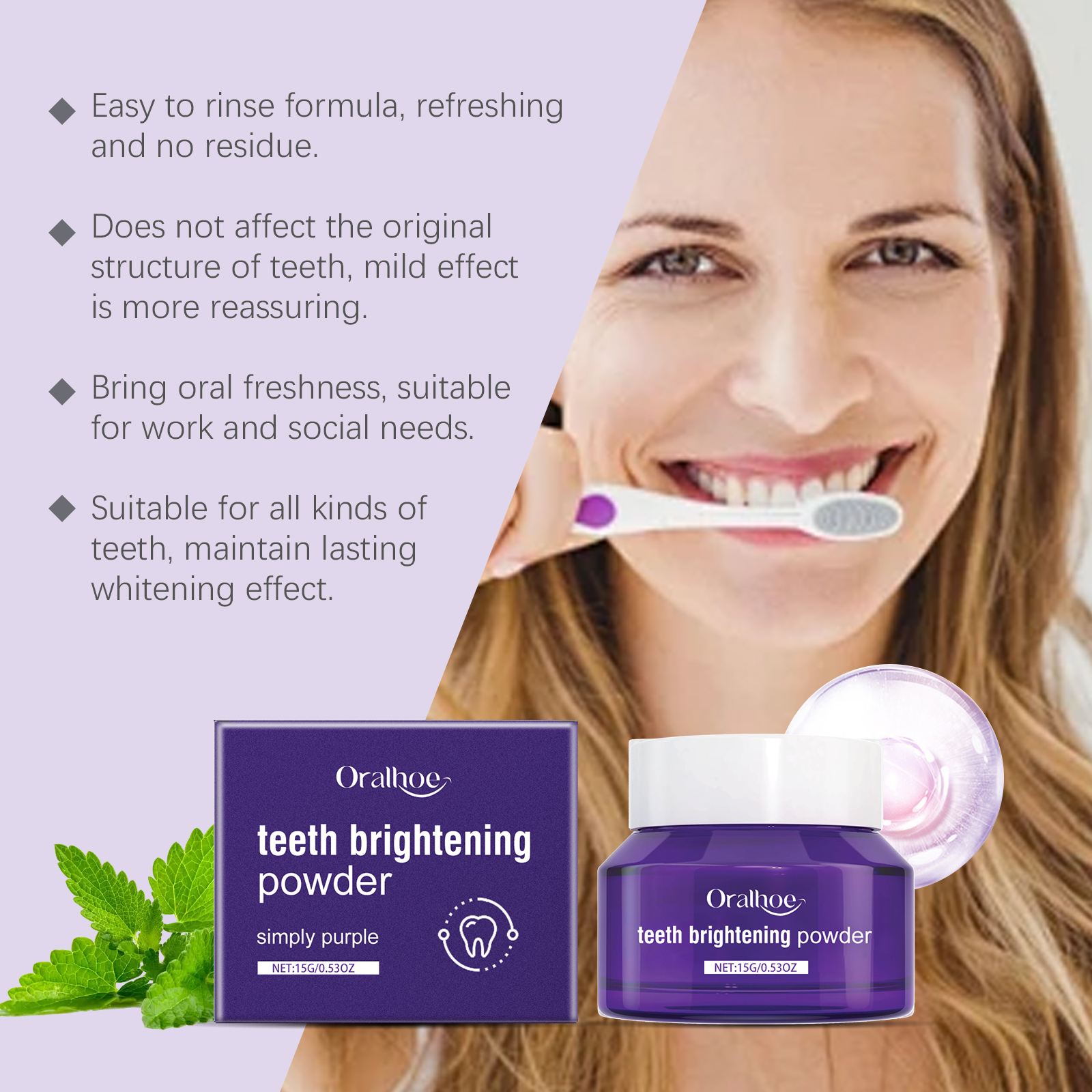 Purple tooth powder packaging with benefit callouts